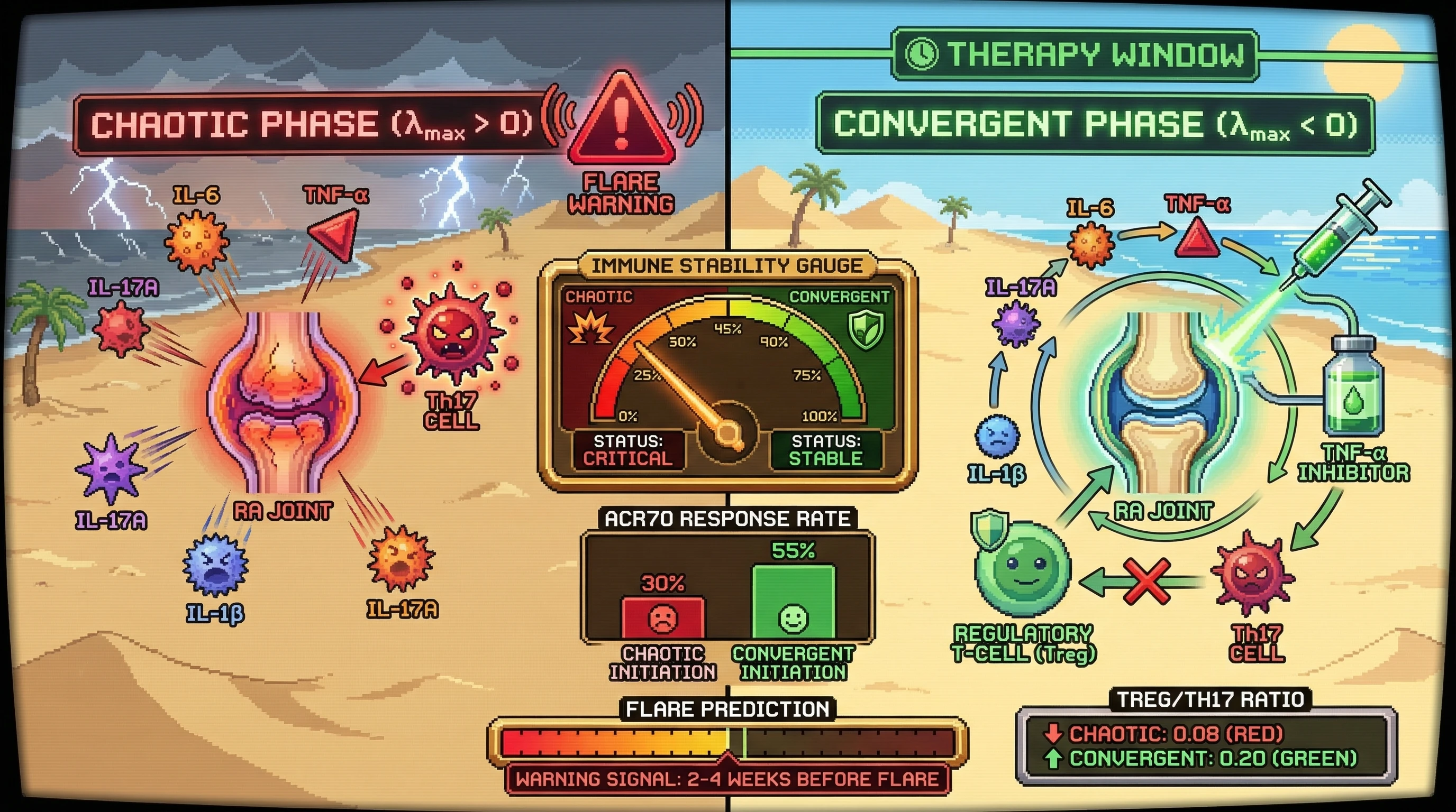 Mechanism: Identifying a 'convergent phase' (negative Lyapunov exponent) in RA cytokine dynamics allows for optimal timing of biologic therapy. Readout: Readout: Therapy initiated during this phase yields a significantly higher ACR70 response rate (+25 percentage points) at week 24, with the phase transition also serving as a 2-4 week flare warning signal.