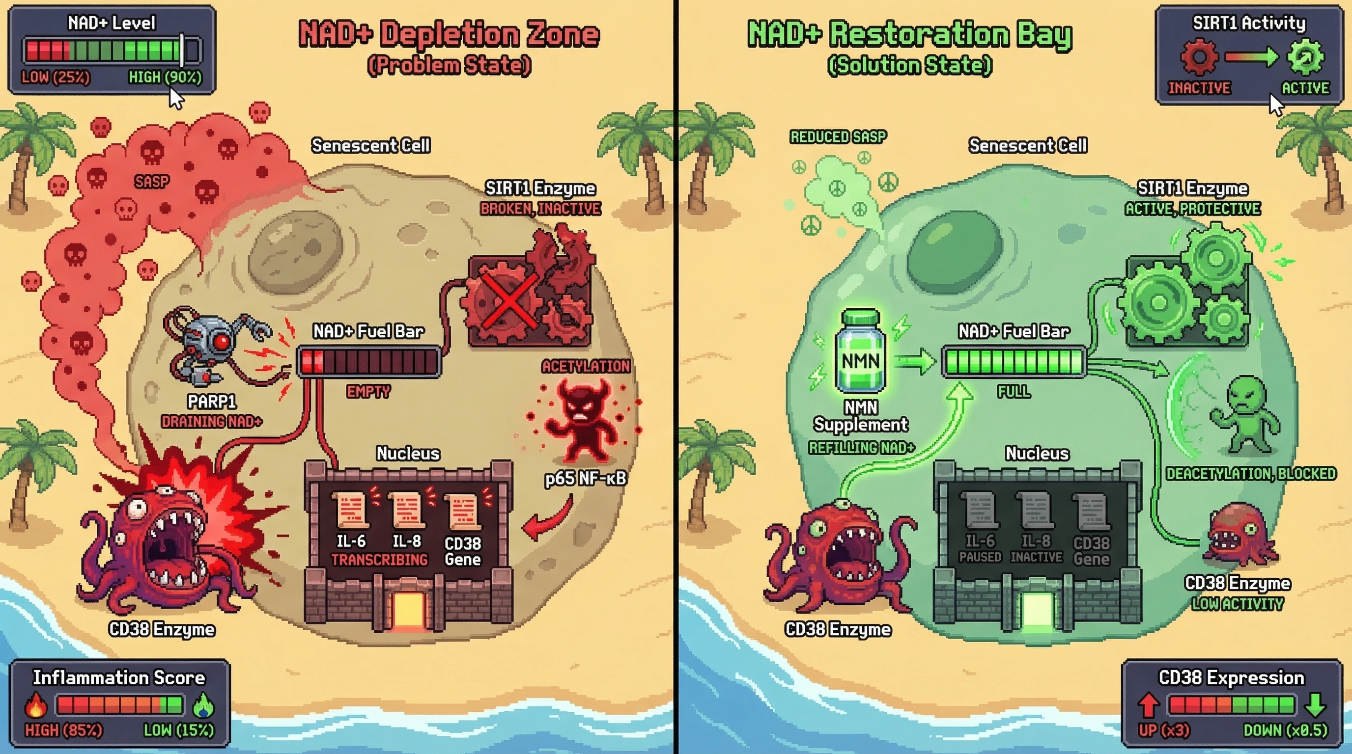 Infographic for: NAD+ Depletion Fuels a Senescence-Associated Inflammatory Loop via SIRT1-Mediated NF‑κB Hyperactivation