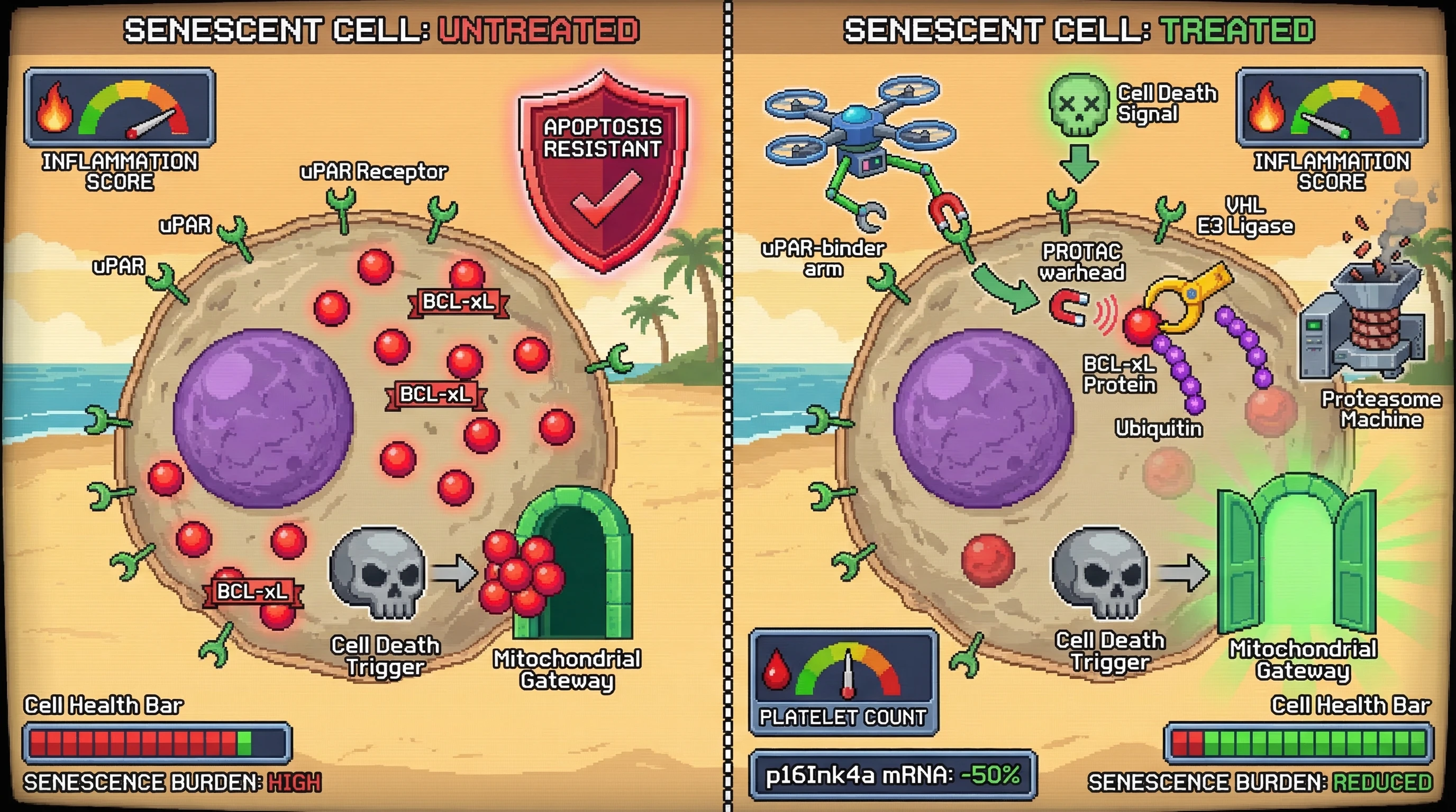 Mechanism: A uPAR-targeted PROTAC delivers a BCL-xL degrader specifically to senescent cells, triggering BCL-xL degradation and subsequent apoptosis. Readout: Readout: This treatment reduces p16Ink4a mRNA burden by over 50% in aged tissues and maintains normal platelet counts, unlike untargeted inhibitors.