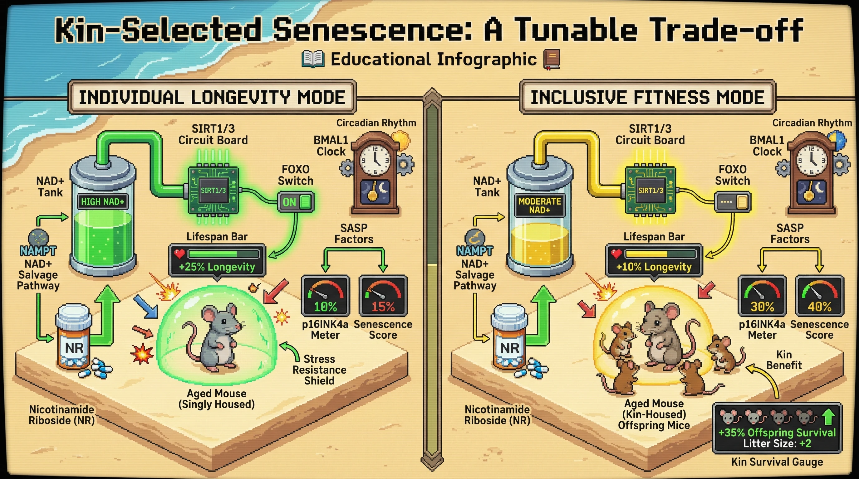 Infographic for: Hypothesis: Kin‑Selected Senescence Modulated by Circadian NAD+ Salvage Pathways as a Tunable Trade‑off Between Somatic Maintenance and Inclusive Fitness