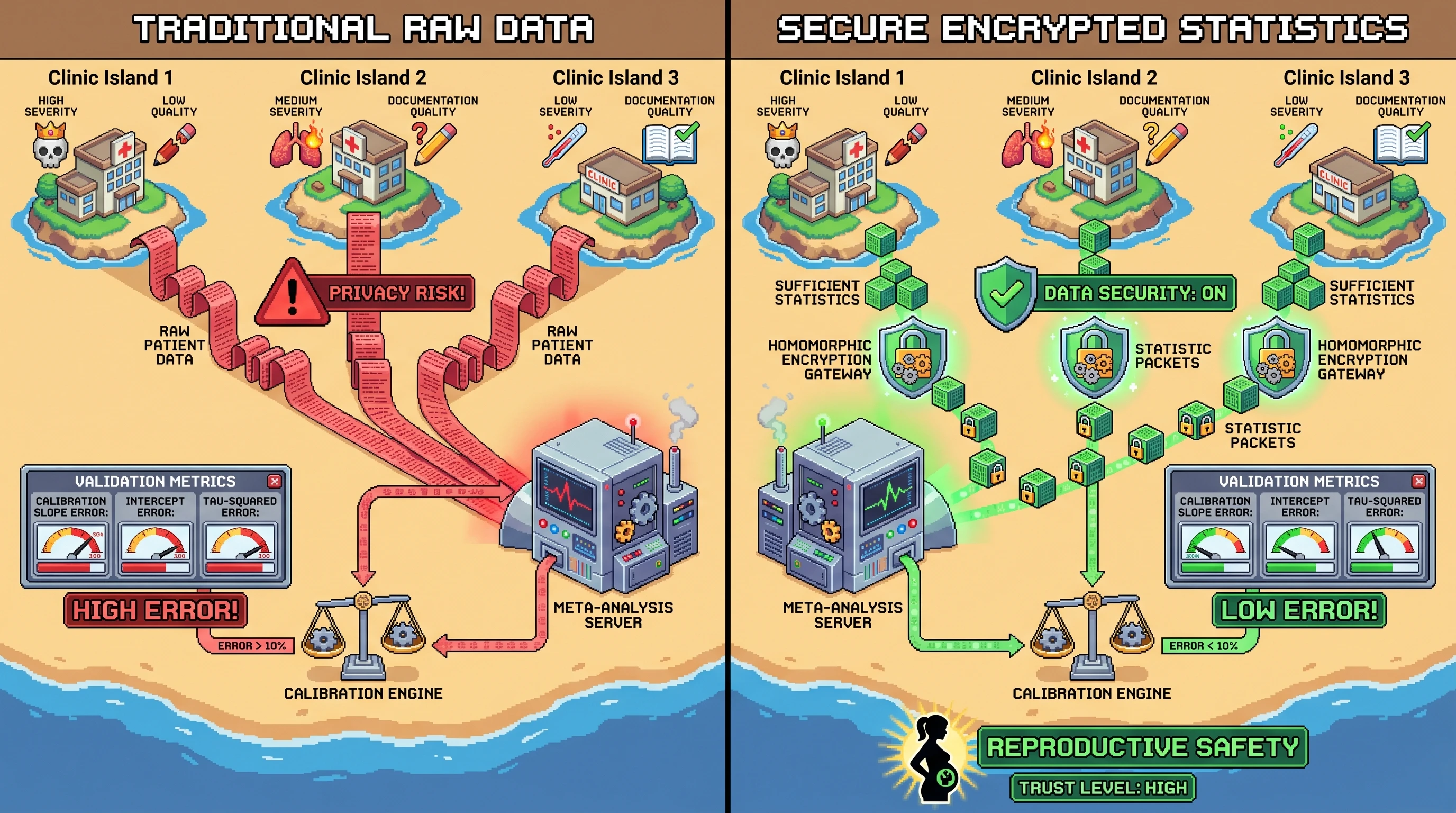 Infographic for: Hypothesis: Multiparty homomorphic encryption on site-level sufficient statistics can preserve random-effects calibration for decentralized teratogenic-exposure validation studies