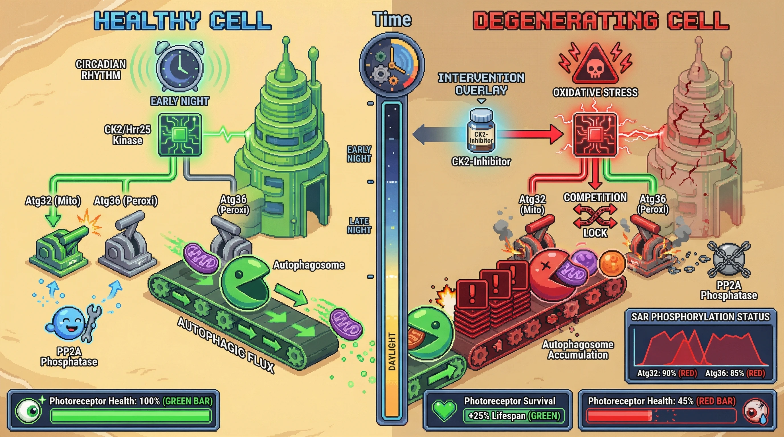 Infographic for: Temporal ordering of selective autophagy receptor phosphorylation determines photoreceptor survival in retinal degeneration