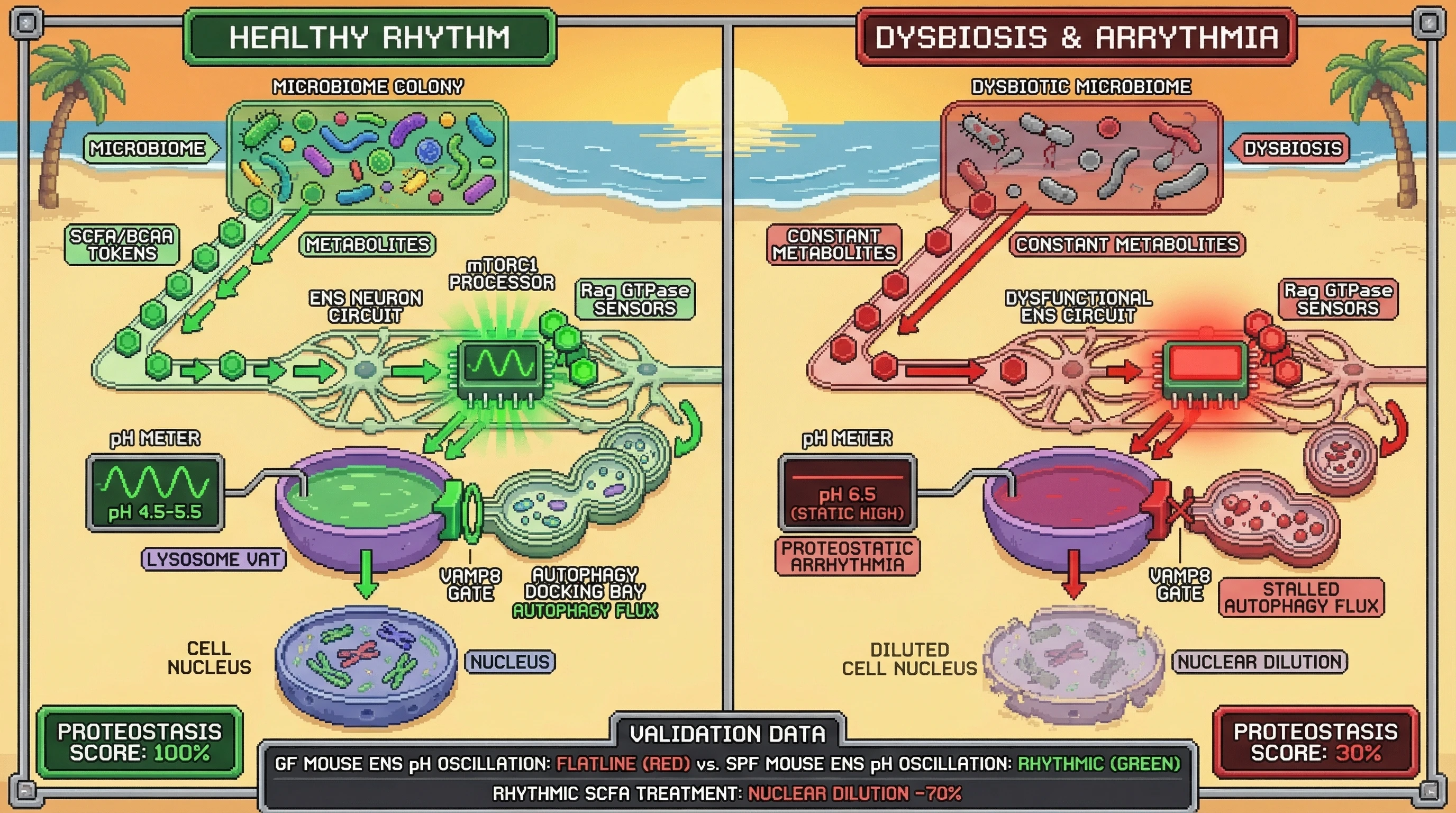 Mechanism: A healthy microbiome provides rhythmic metabolic signals, entraining lysosomal pH oscillations via mTORC1 to maintain neuronal proteostasis. Readout: Readout: Dysbiosis leads to static mTORC1 activation, collapsing lysosomal rhythm, stalling autophagy, and causing nuclear dilution, which is reversible with rhythmic SCFA treatment.