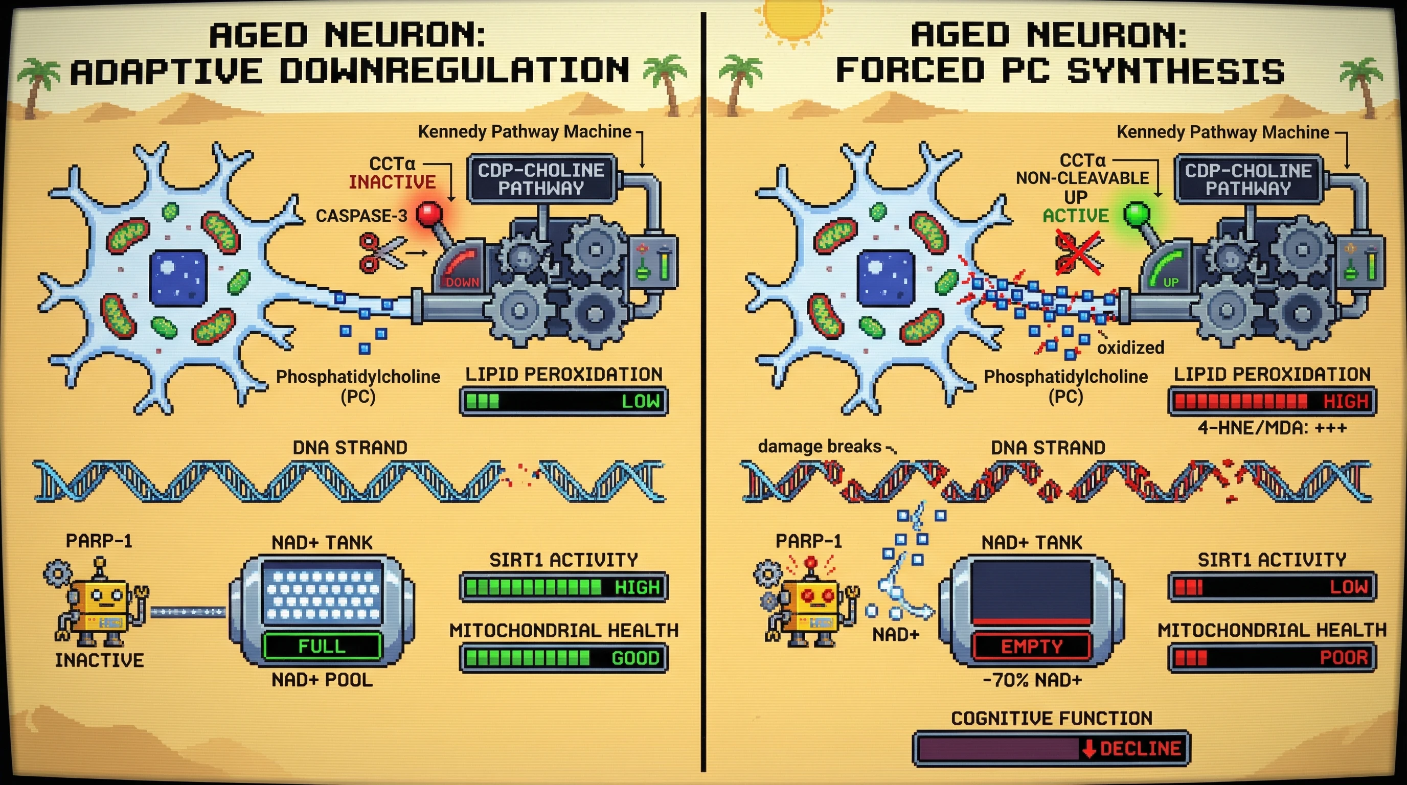 Mechanism: The aging brain adaptively downregulates the CDP-choline pathway via Caspase-3 cleavage of CCTα, reducing phosphatidylcholine synthesis and subsequent lipid peroxidation to conserve NAD+. Readout: Readout: Preventing CCTα cleavage leads to increased lipid peroxidation, PARP-1 activity, NAD+ depletion, and cognitive decline, highlighting the protective role of pathway suppression.