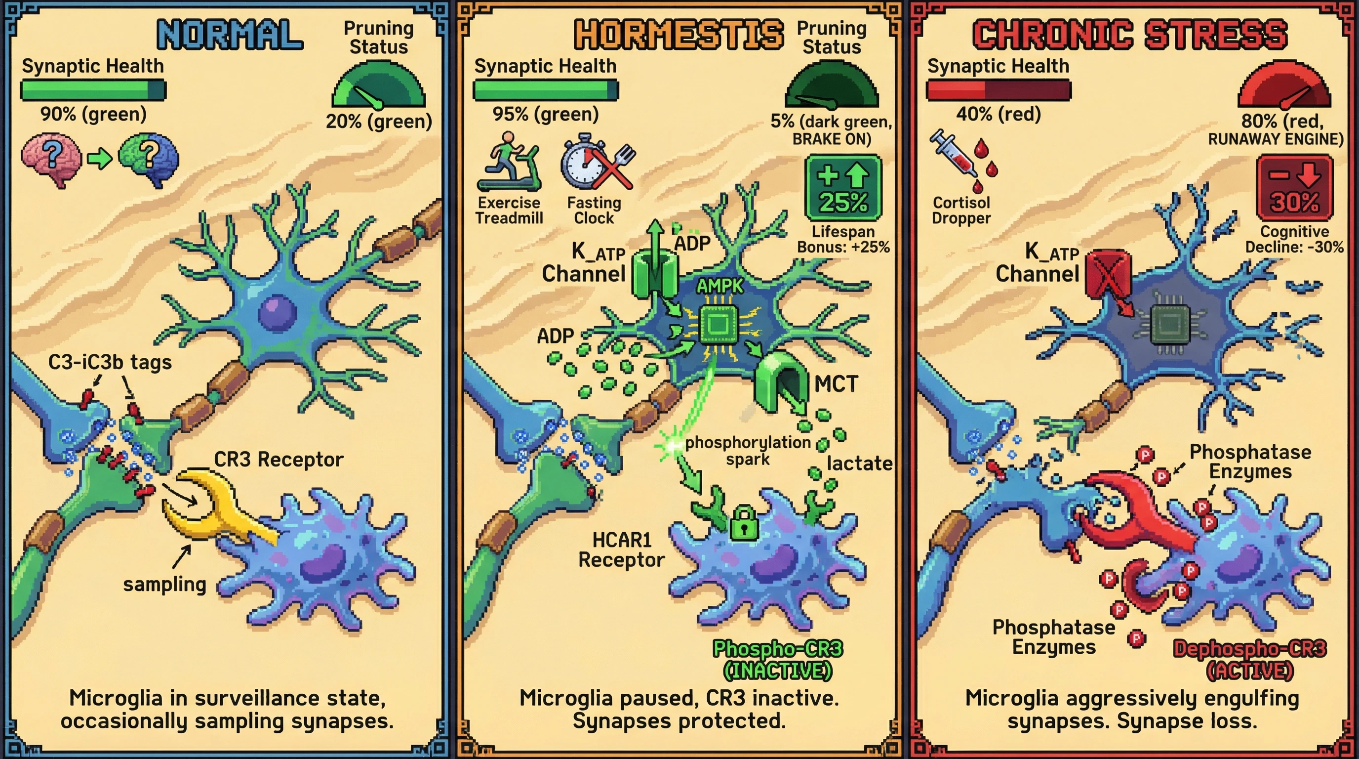 Infographic for: Hormesis as a reversible microglial checkpoint that gates complement-mediated synaptic pruning