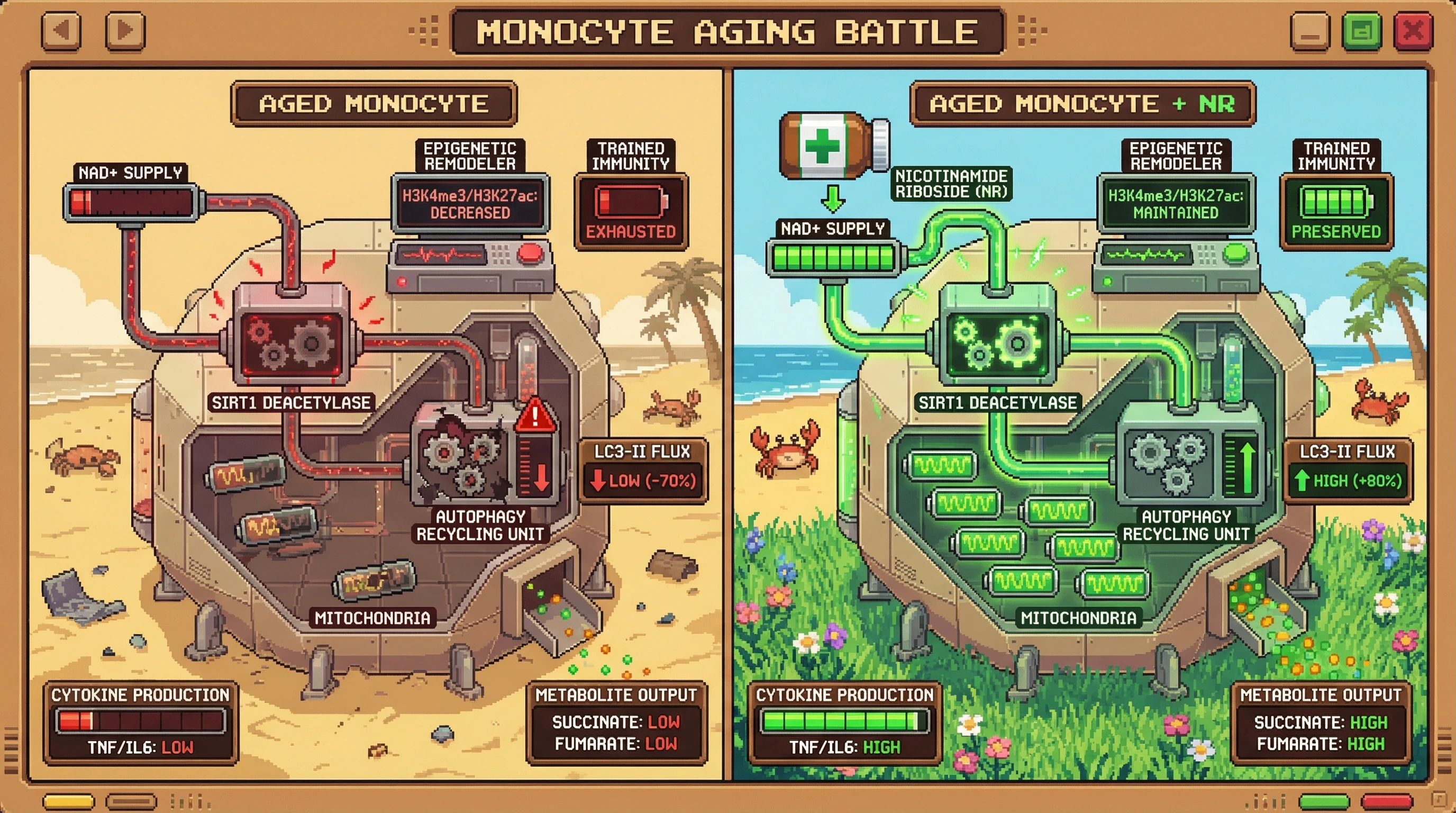 Infographic for: NAD+-Dependent SIRT1 Activation Extends the Autophagic Rationing Capacity of Trained Immunity in Aging Monocytes