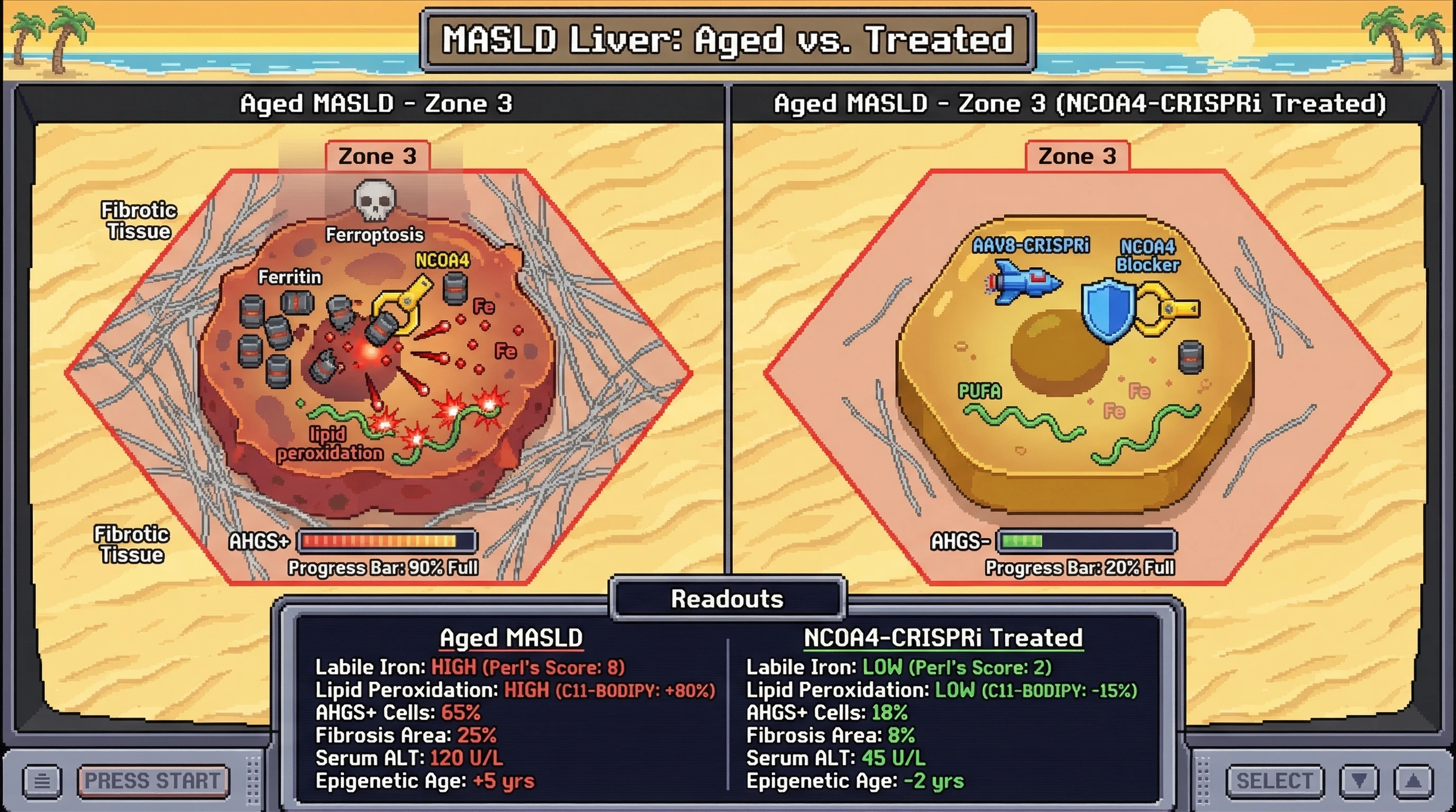 Mechanism: In aged MASLD, zone 3 hepatocytes up-regulate NCOA4, causing ferritinophagy, labile iron accumulation, and ferroptosis, which sustains the Aging Hepatocyte Gene Signature (AHGS) and fibrosis. Readout: Readout: Zone-3-specific NCOA4-CRISPRi reduces labile iron and lipid peroxidation, decreases AHGS+ cells and fibrosis, improves metabolic markers, and lowers epigenetic age.