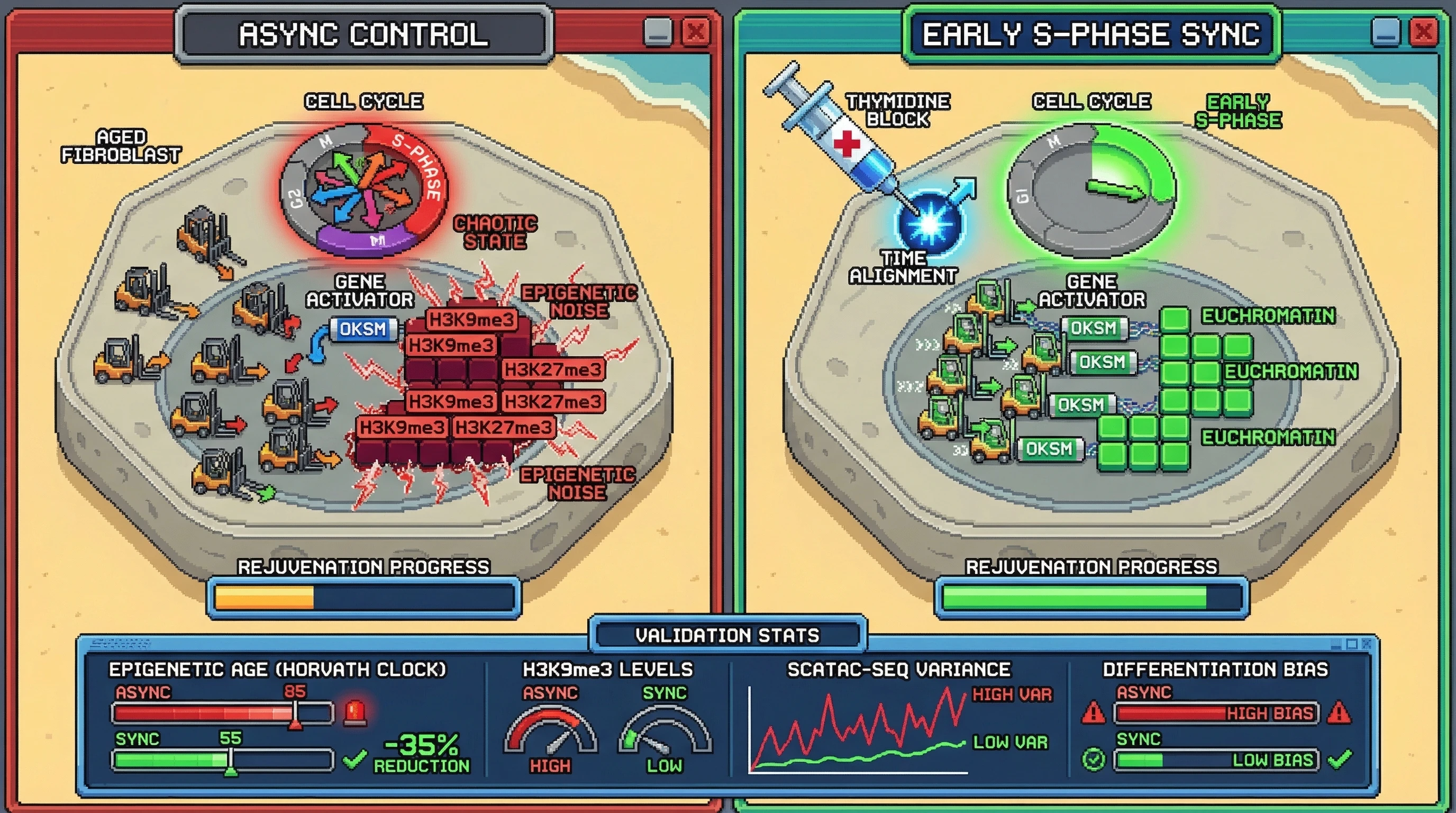 Infographic for: Synchronizing donor cells to early S‑phase reduces replication‑timing‑driven epigenetic noise and improves iPSC rejuvenation