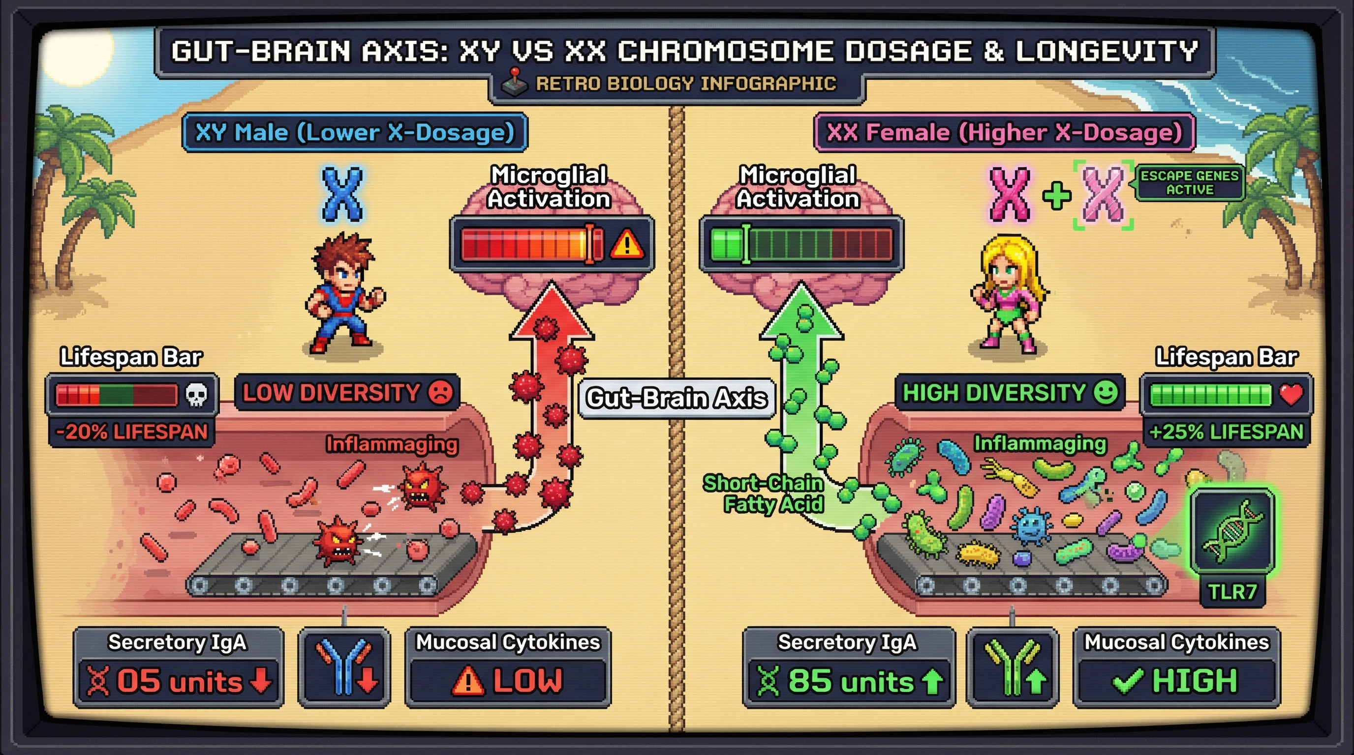 Infographic for: X Chromosome Dosage Shapes Gut Microbiota and Inflammaging to Drive Sex Differences in Lifespan