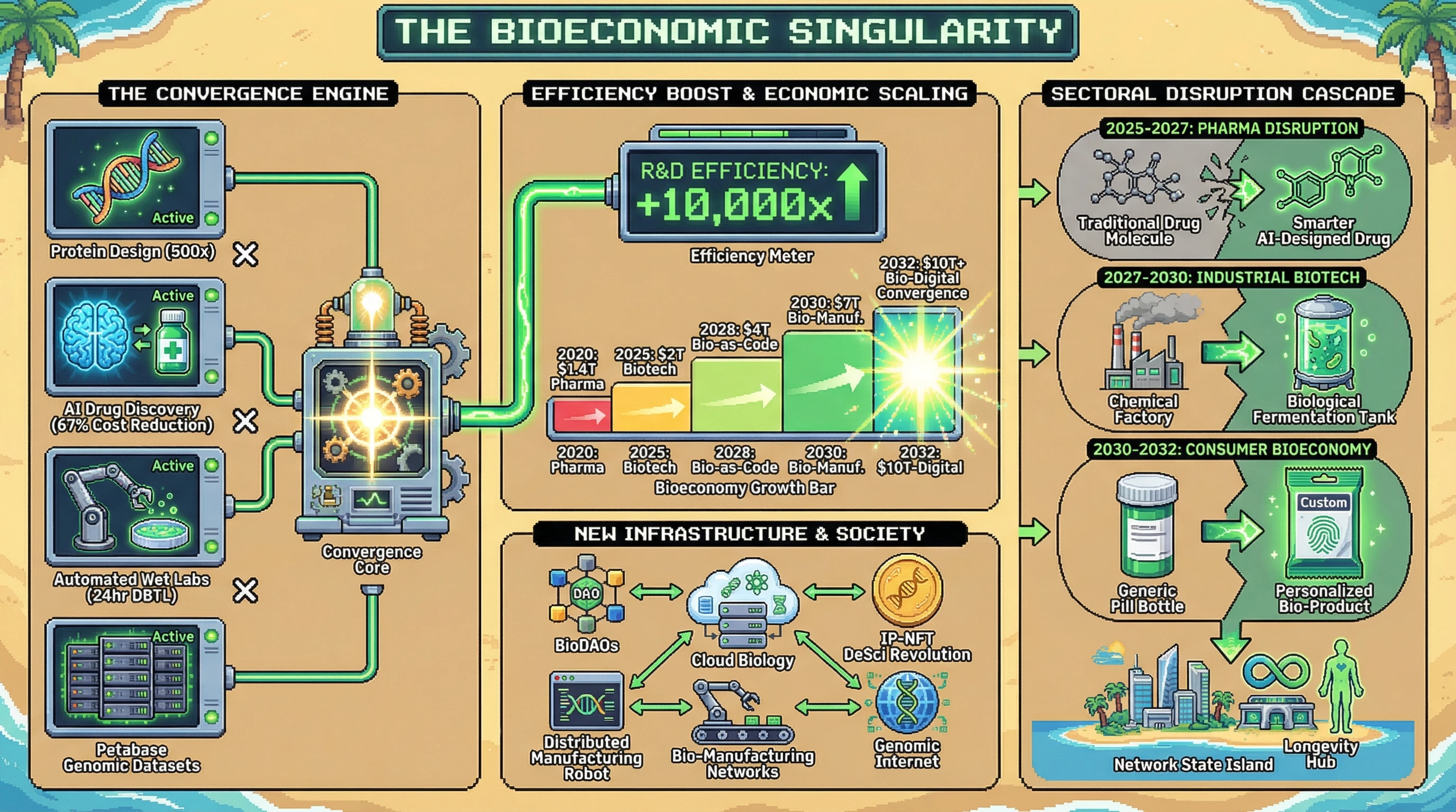 Infographic for: The $10 Trillion Bioeconomic Singularity: When Biology-as-Code Becomes the Dominant Global Industry by 2032