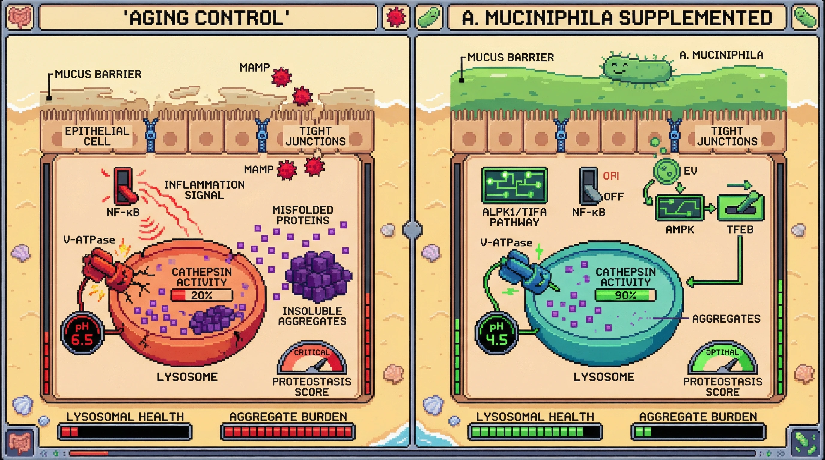 Infographic for: Akkermansia muciniphila maintains epithelial lysosomal health to suppress maladaptive protein aggregation in aging