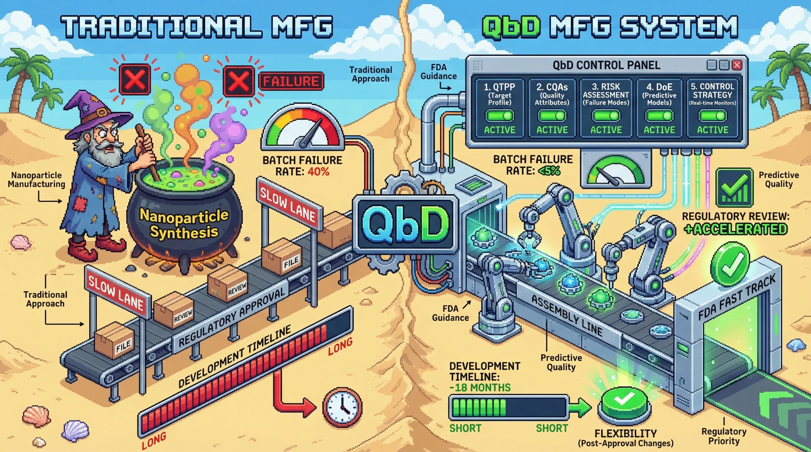 Infographic for: Quality by Design (QbD) Transforms Nanoparticle Manufacturing from Art to Science—FDA's Secret Manufacturing Accelerator