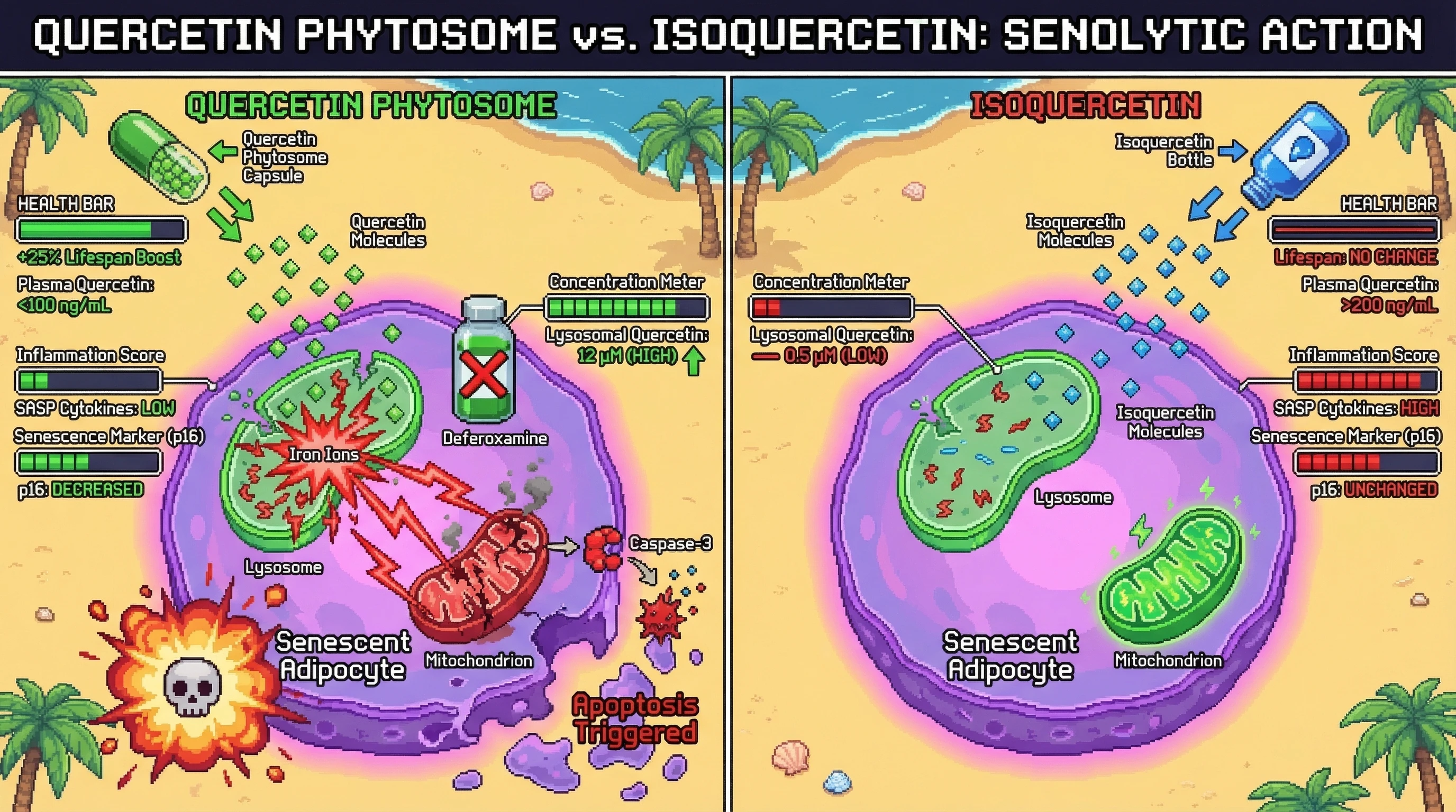 Mechanism: Intermittent high-dose quercetin phytosome delivers quercetin to senescent adipocyte lysosomes, where it generates a cytotoxic ROS burst with iron, triggering apoptosis. Readout: Readout: This leads to decreased senescent markers and SASP cytokines, correlating with a +25% lifespan boost compared to isoquercetin.