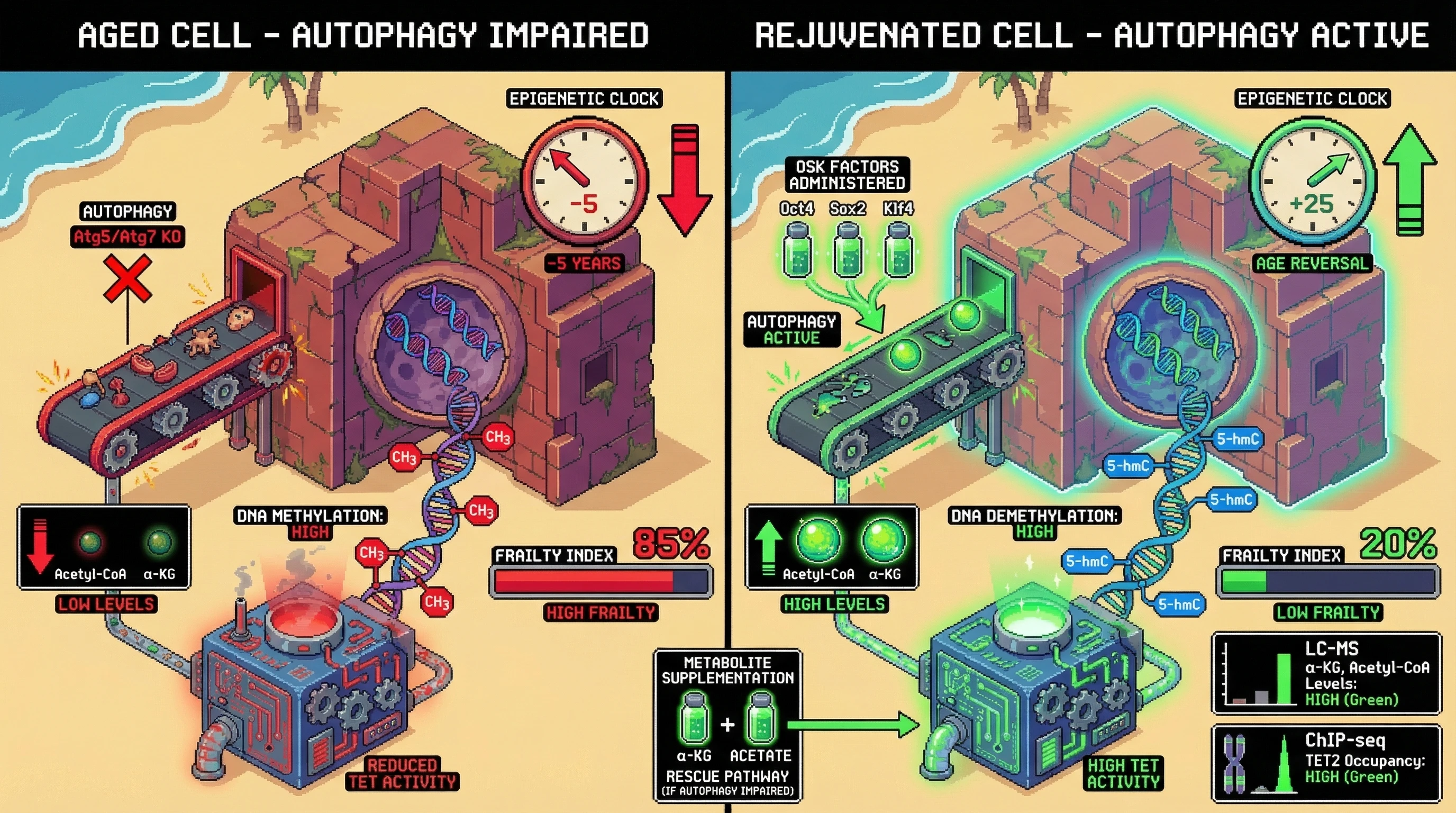 Mechanism: Autophagy, fueled by OSK factors, supplies Acetyl-CoA and α-KG, which are essential for TET enzyme activity to drive DNA demethylation and epigenetic rejuvenation. Readout: Readout: Autophagy inhibition significantly blunts epigenetic age reversal and increases frailty, while metabolite supplementation rescues TET activity and improves functional outcomes like optokinetic tracking.