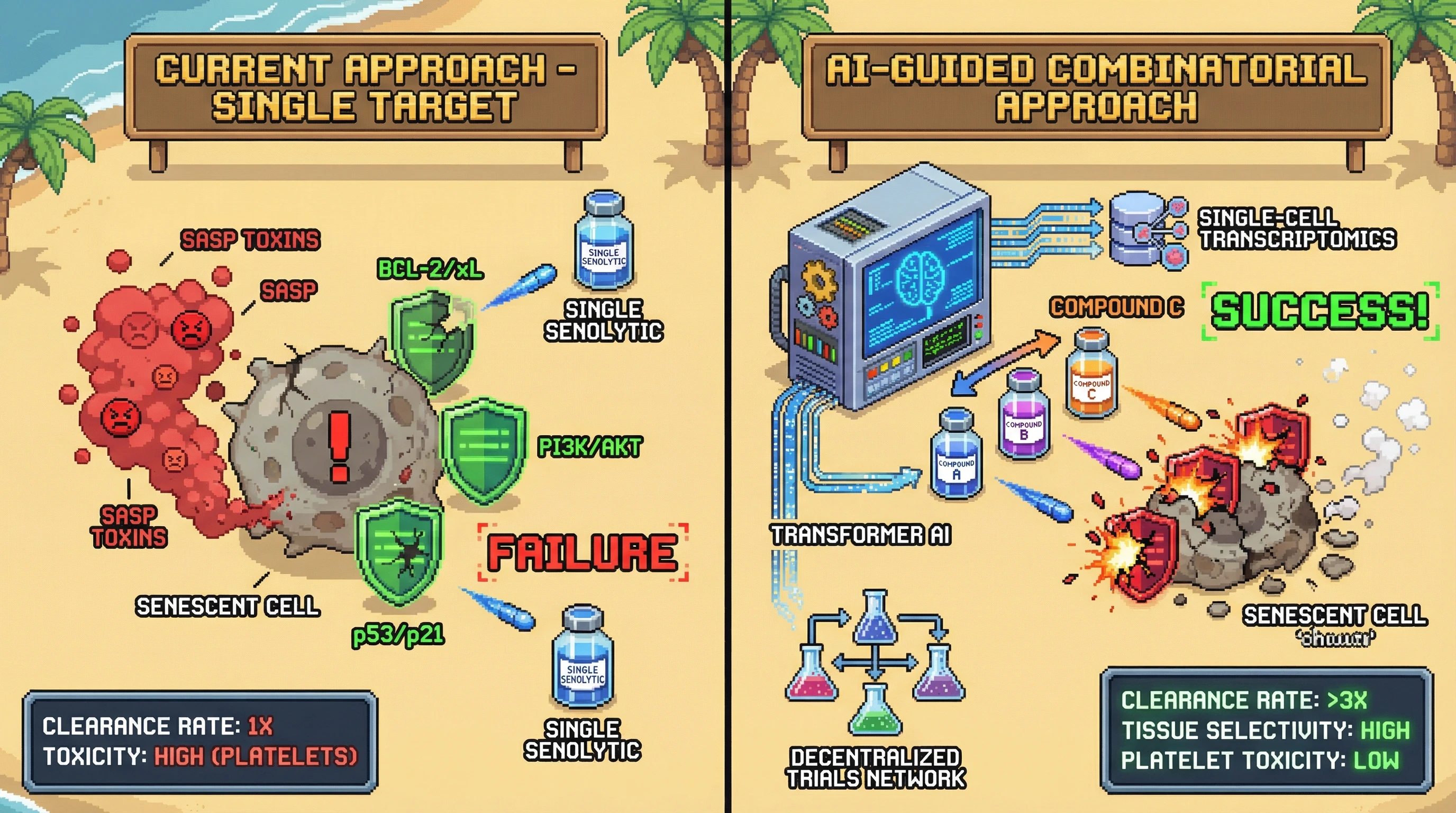 Infographic for: AI-Guided Combinatorial Senolytic Discovery Will Outperform Single-Target Approaches by 10x Within 3 Years
