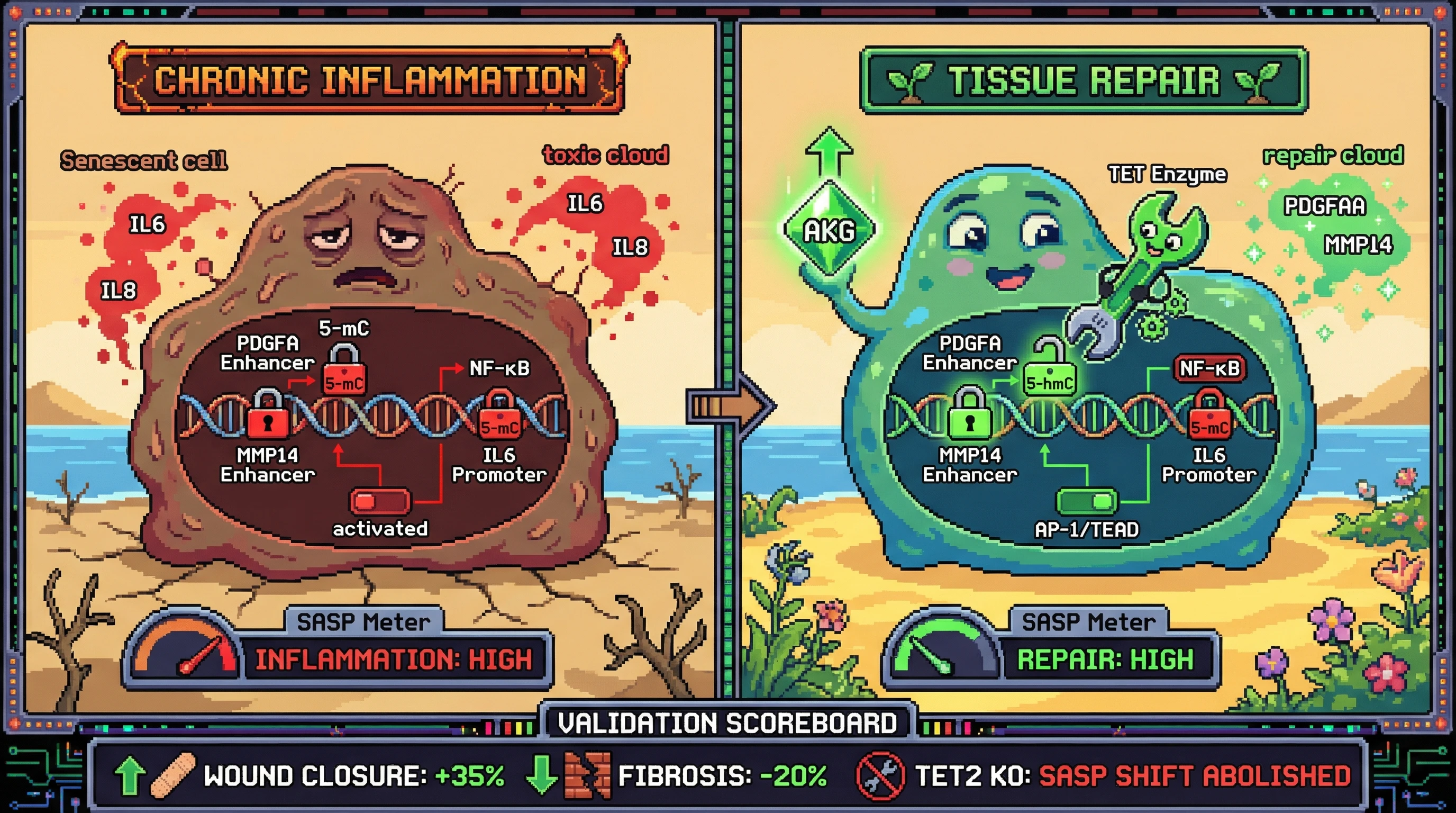 Infographic for: AKG‑Driven Epigenetic Reprogramming of Senescent Cells Shifts SASP From Chronic Inflammation to Transient Tissue Repair
