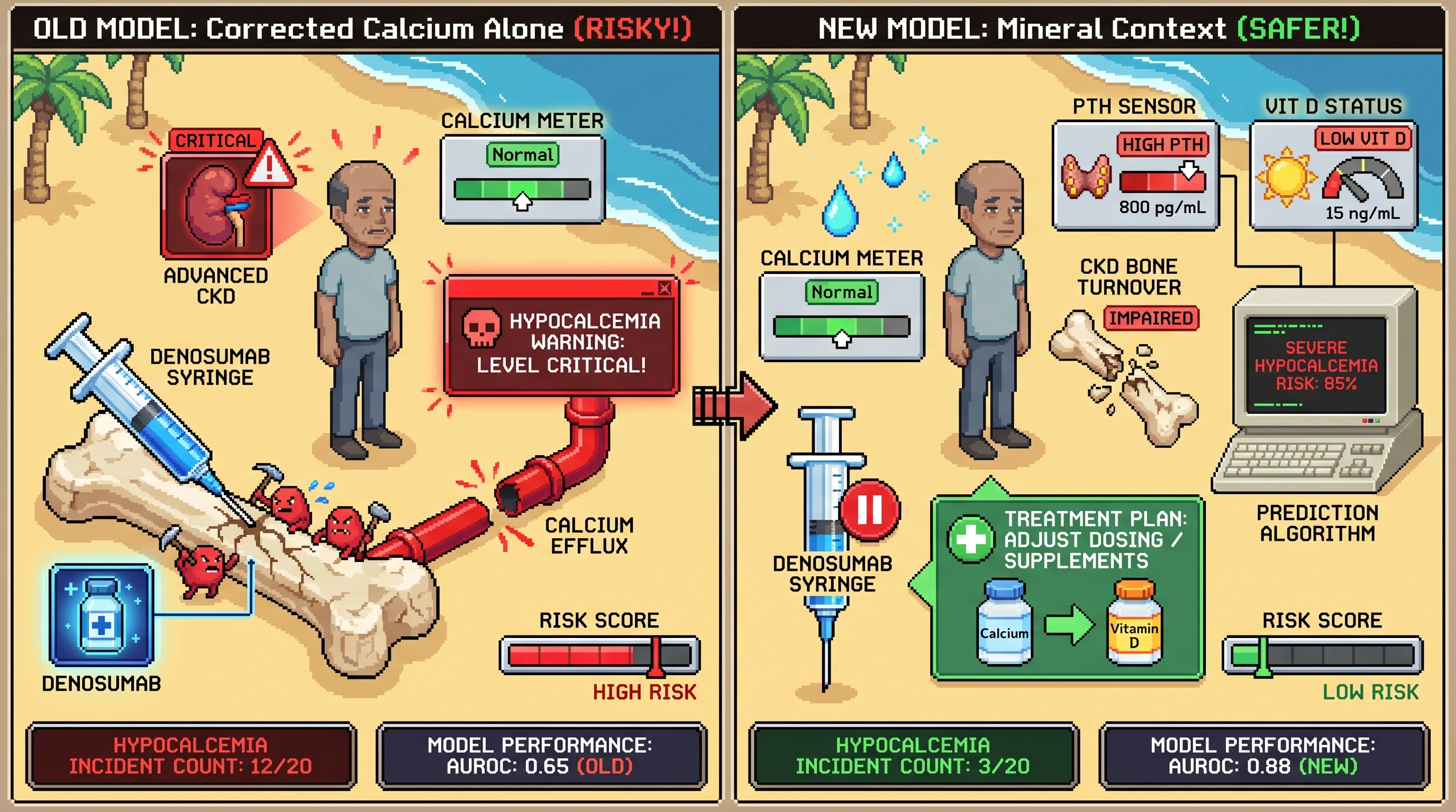 Infographic for: Hypothesis: Pre-dose PTH plus bone-turnover context will outperform corrected calcium alone for predicting severe denosumab hypocalcemia in autoimmune patients with advanced CKD