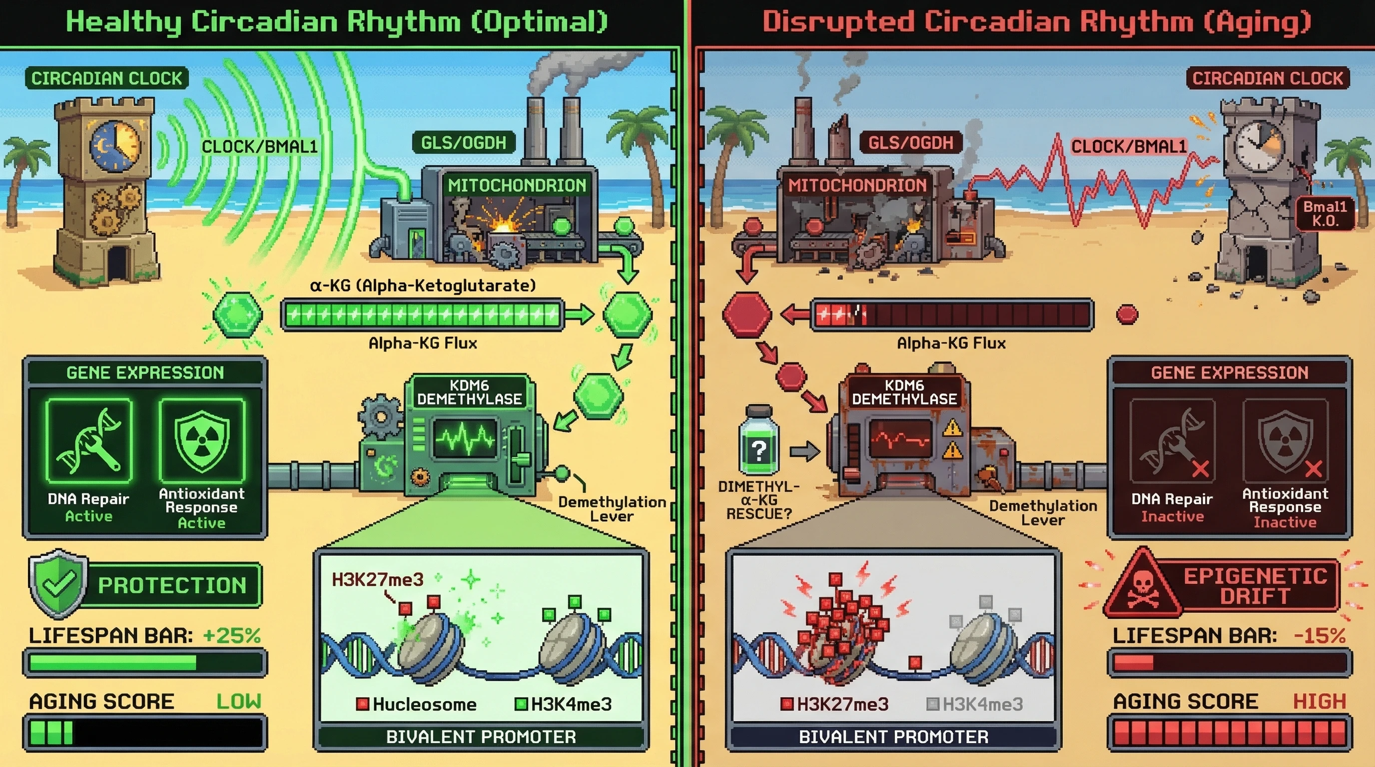 Mechanism: The circadian clock drives rhythmic α-ketoglutarate (α-KG) oscillations, which activate KDM6 demethylases to balance H3K27me3 and H3K4me3 at gene promoters. Readout: Readout: Loss of this rhythm leads to H3K27me3 accumulation, epigenetic drift, and an increased 'Aging Score' with a reduced 'Lifespan Bar'.