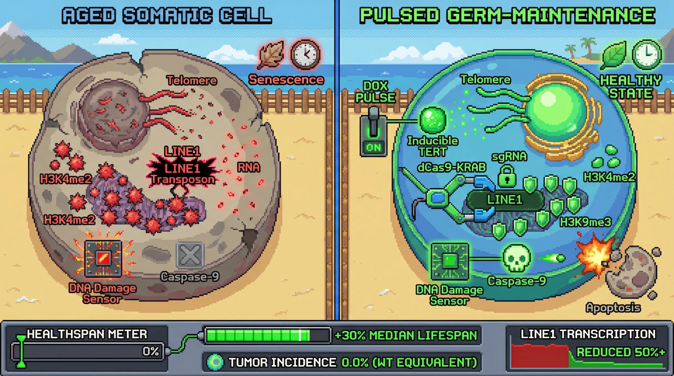 Infographic for: Inducing Germline-Level Genome Maintenance in Somatic Cells to Extend Healthspan