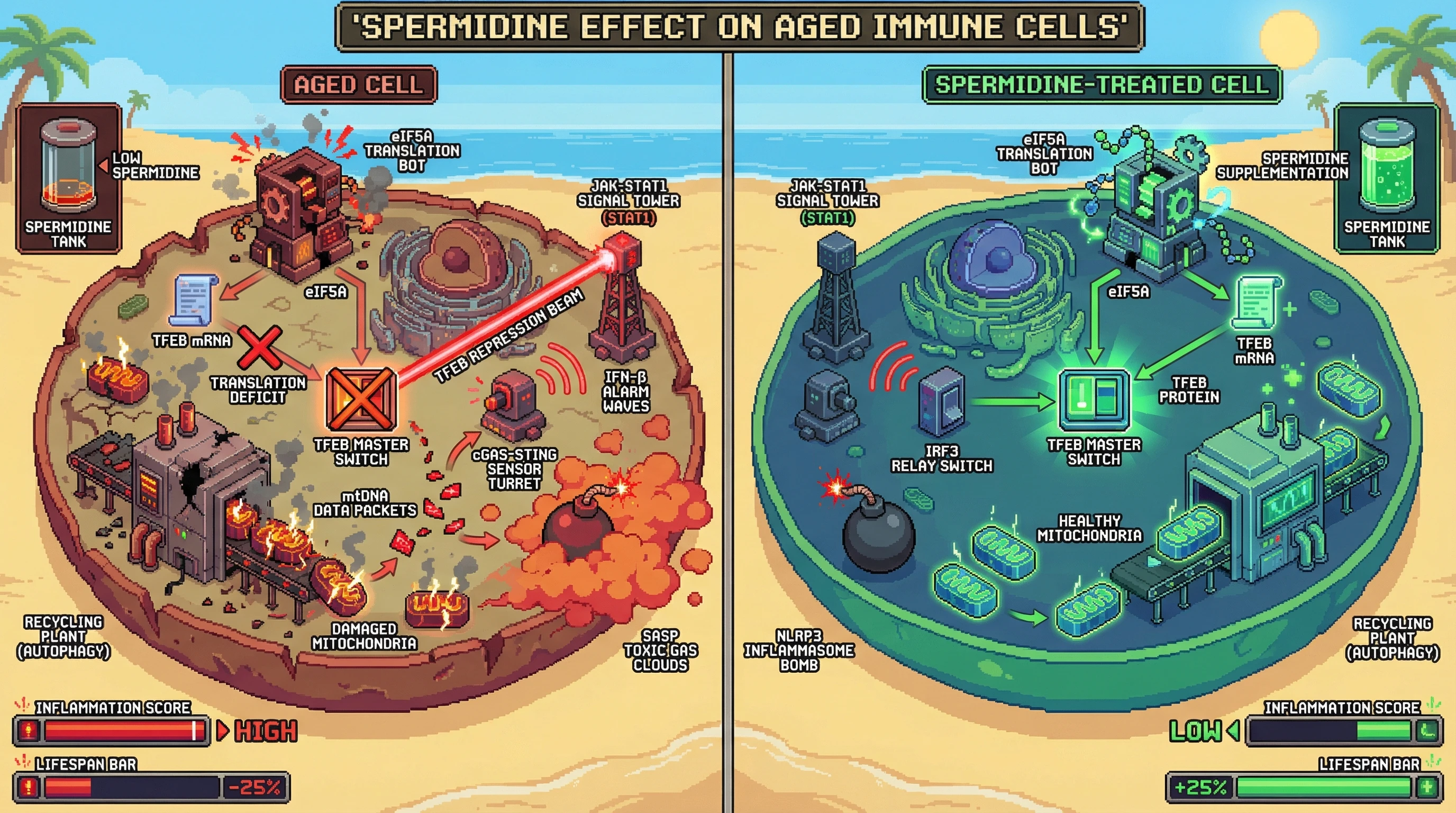 Mechanism: Spermidine supplementation restores eIF5A hypusination and TFEB translation, boosting autophagy and preventing mitochondrial damage. Readout: Readout: This breaks the cGAS-STING/NLRP3/STAT1 feedback loop, reducing inflammation and increasing lifespan by 25%.