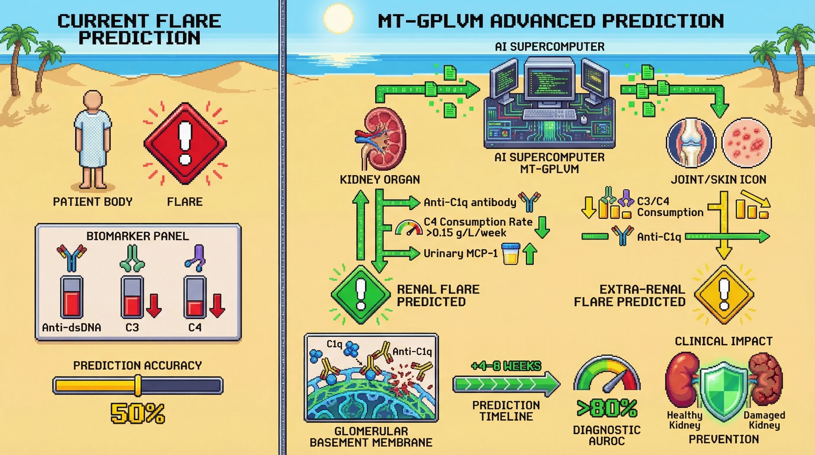 Infographic for: Multi-Task Bayesian Latent Factor Models on Serial Complement and Anti-C1q Levels Discriminate Renal From Extra-Renal Flare in SLE 4–8 Weeks Before Clinical Divergence