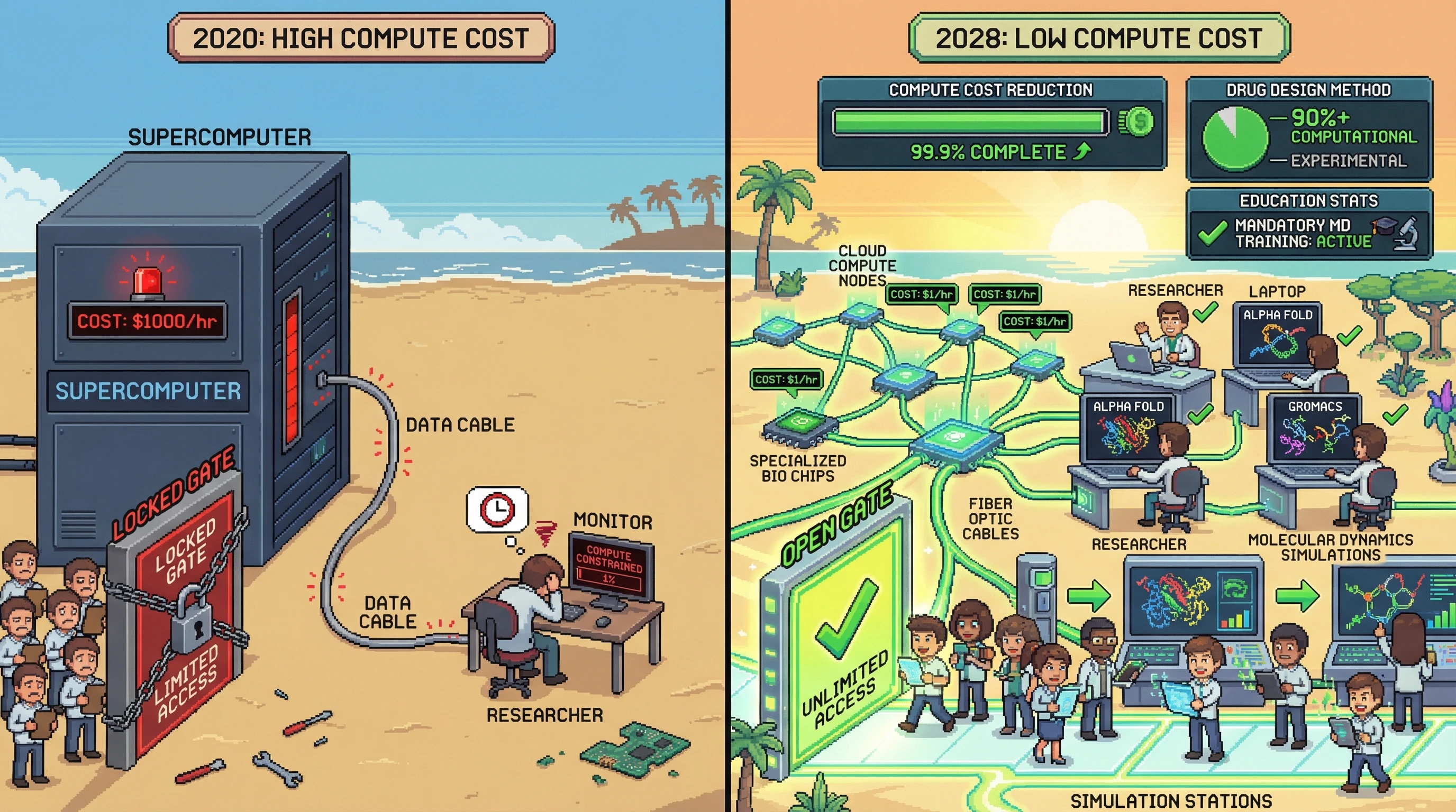 Infographic for: Biological Compute Costs Drop 1000x by 2028—Every Lab Becomes a Molecular Supercomputer