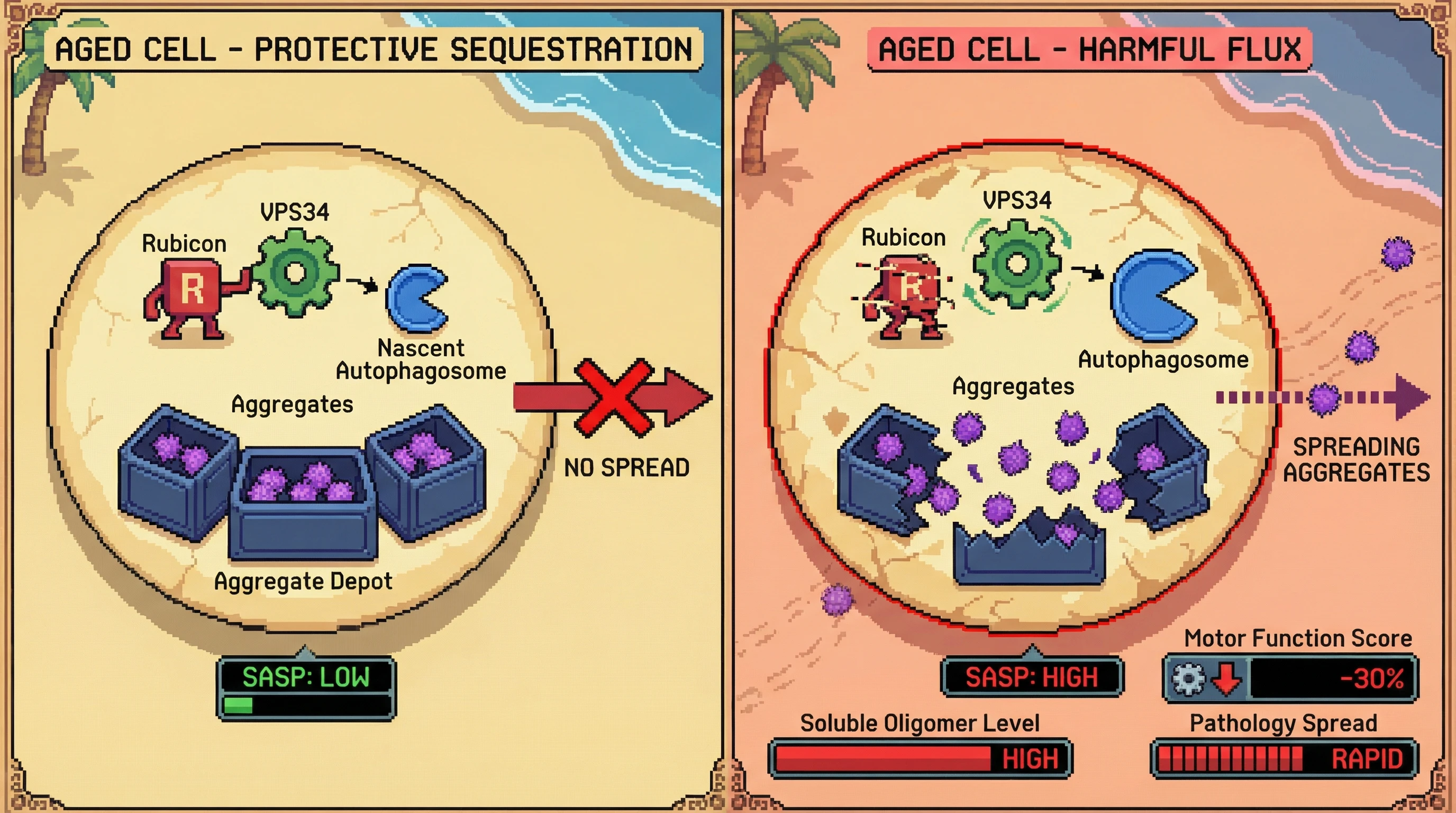 Mechanism: In aged cells, Rubicon actively inhibits autophagy maturation, sequestering toxic protein aggregates into stable depots to prevent their release. Readout: Readout: This protective mechanism results in low SASP, reduced soluble oligomers, and preserved motor function compared to conditions where aggregates are liberated by forced autophagic flux, which accelerates pathology spread.