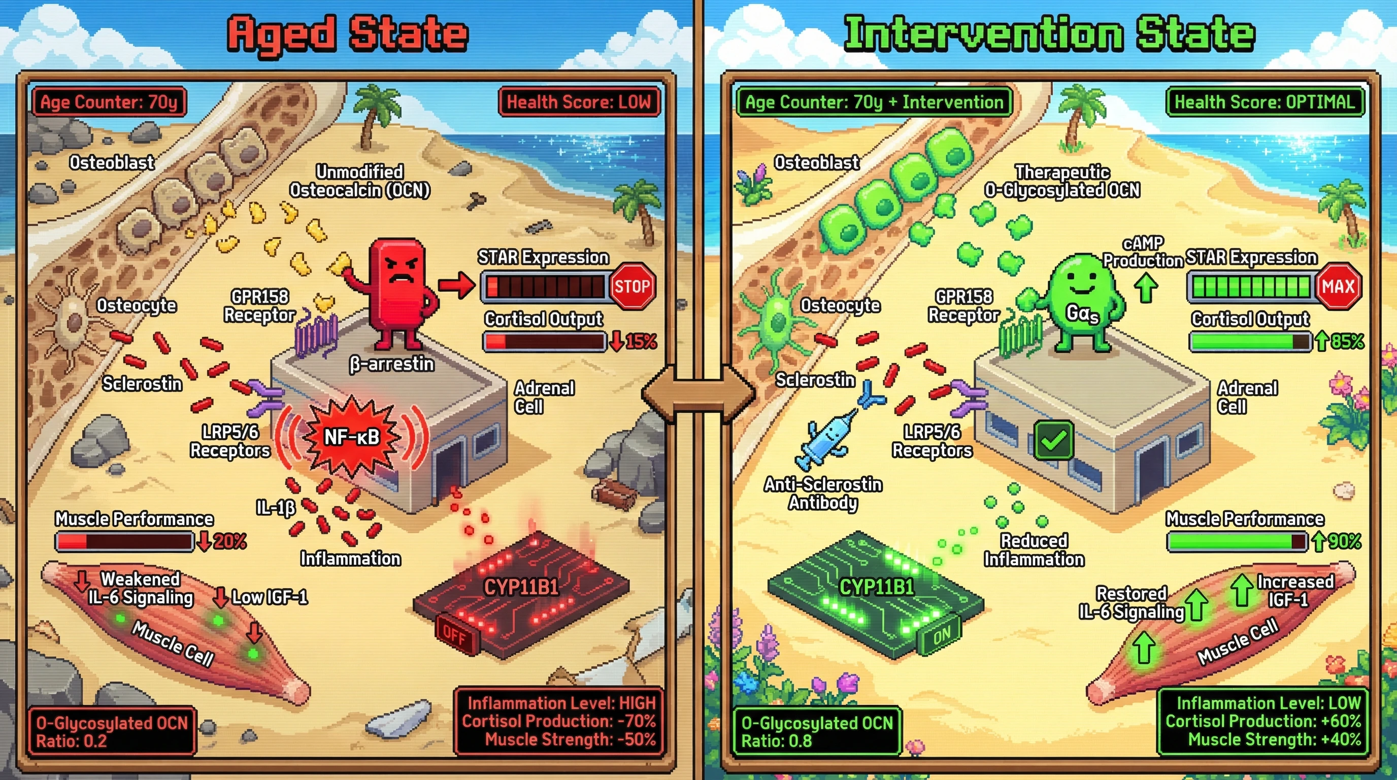 Infographic for: Hypothesis: Loss of osteocalcin O‑glycosylation with age shifts signaling from GPR158‑Gαs to β‑arrestin pathways, uncoupling adrenal‑muscle crosstalk and elevating sclerostin‑driven inflammation