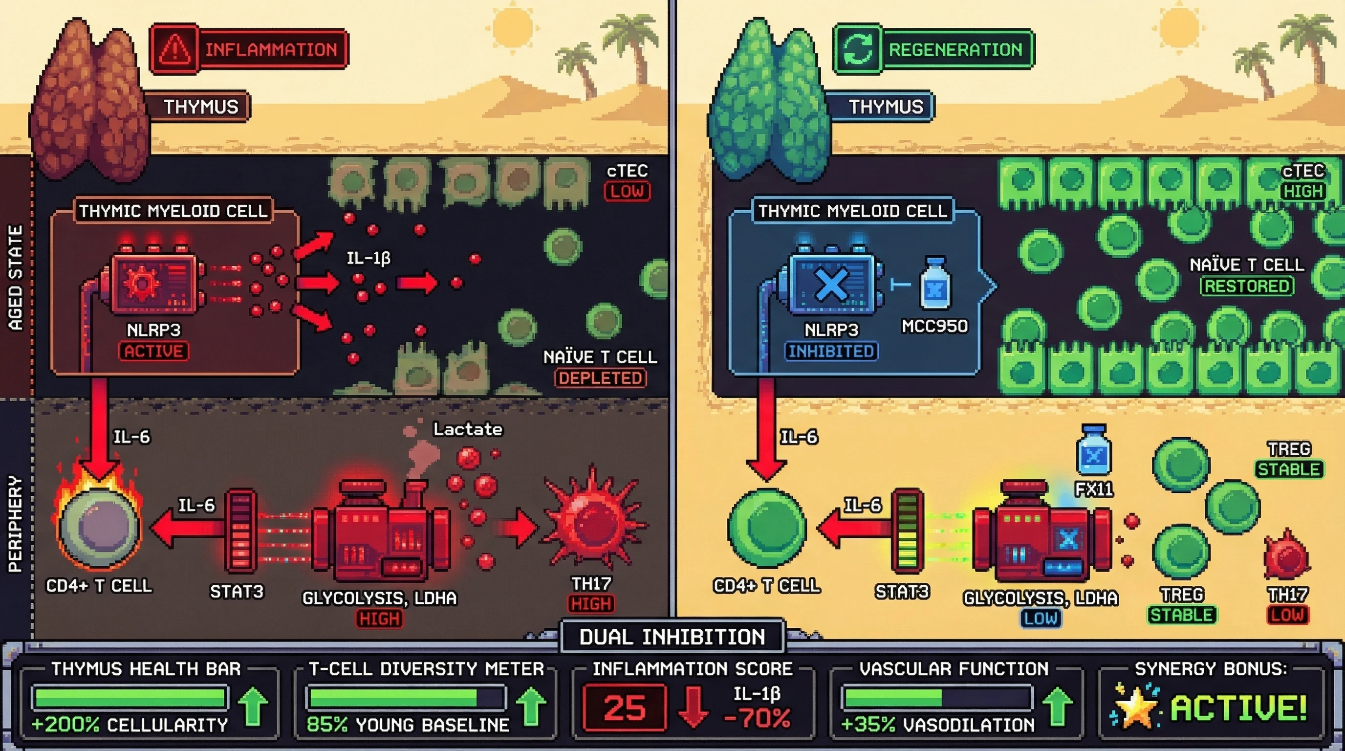 Infographic for: Dual NLRP3 and LDHA inhibition reverses thymic involution and peripheral inflammaging by decoupling intrathymic IL-1β from IL-6-driven glycolysis