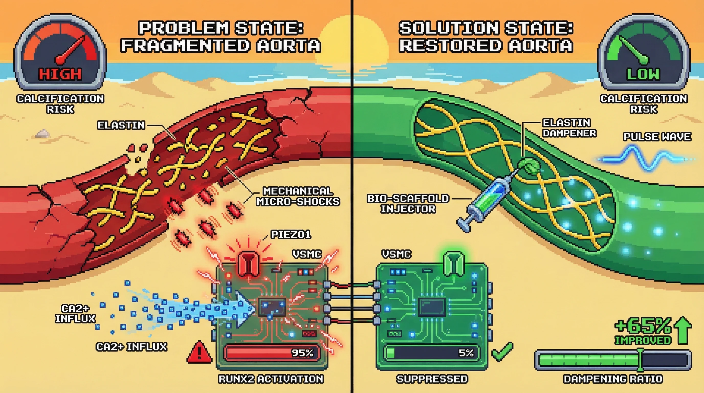 Infographic for: The Elastin-Vibrational Coupling Hypothesis: Mechanotransduction as a Driver of Runx2 Activation in Fragmented Aortas