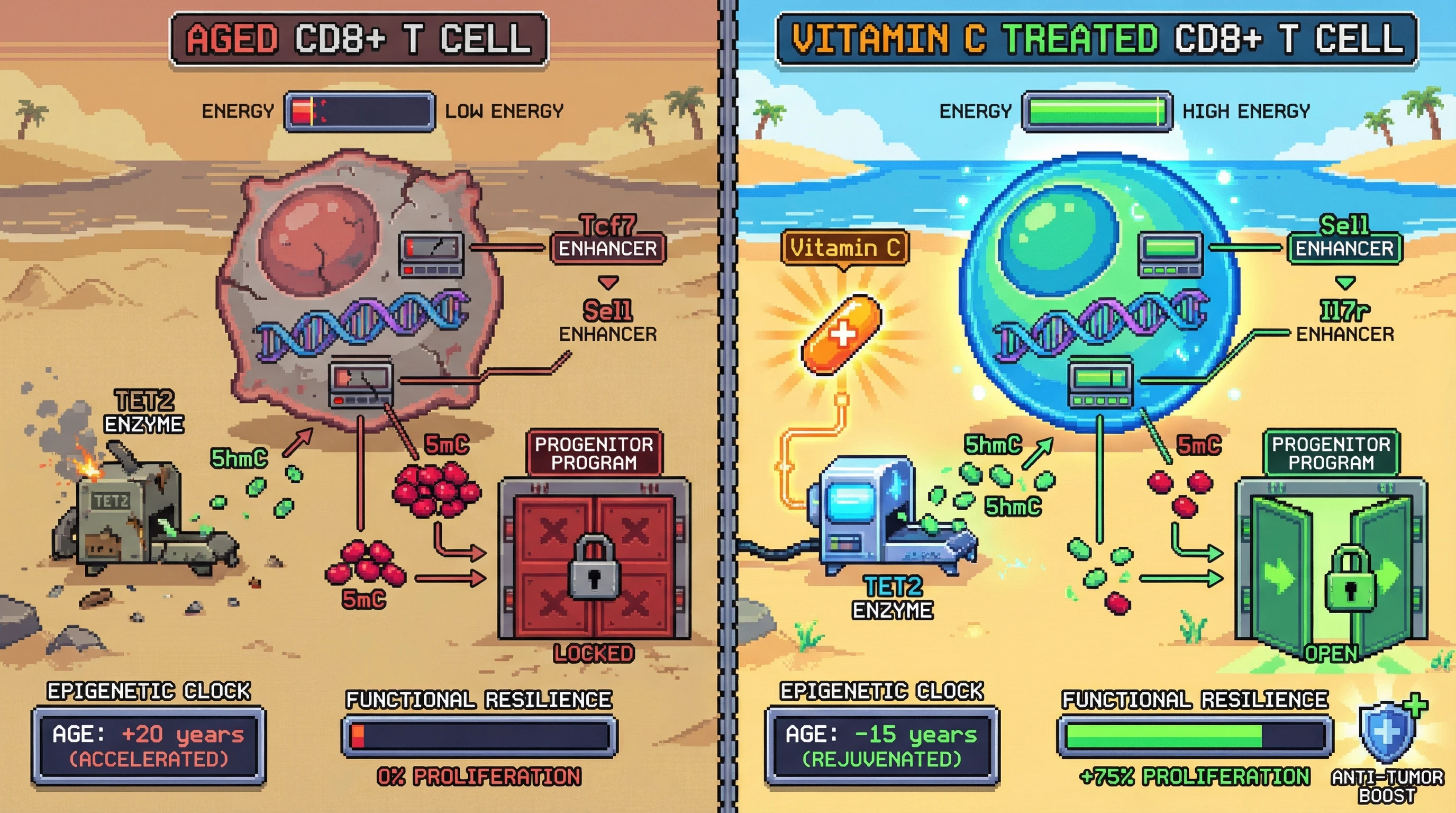Mechanism: Aged T cells lose TET2-mediated 5hmC at key enhancers, accumulating 5mC and silencing progenitor genes. Readout: Readout: Vitamin C restores 5hmC, rejuvenates the epigenetic clock by 15 years, and boosts T cell proliferation by 75%.