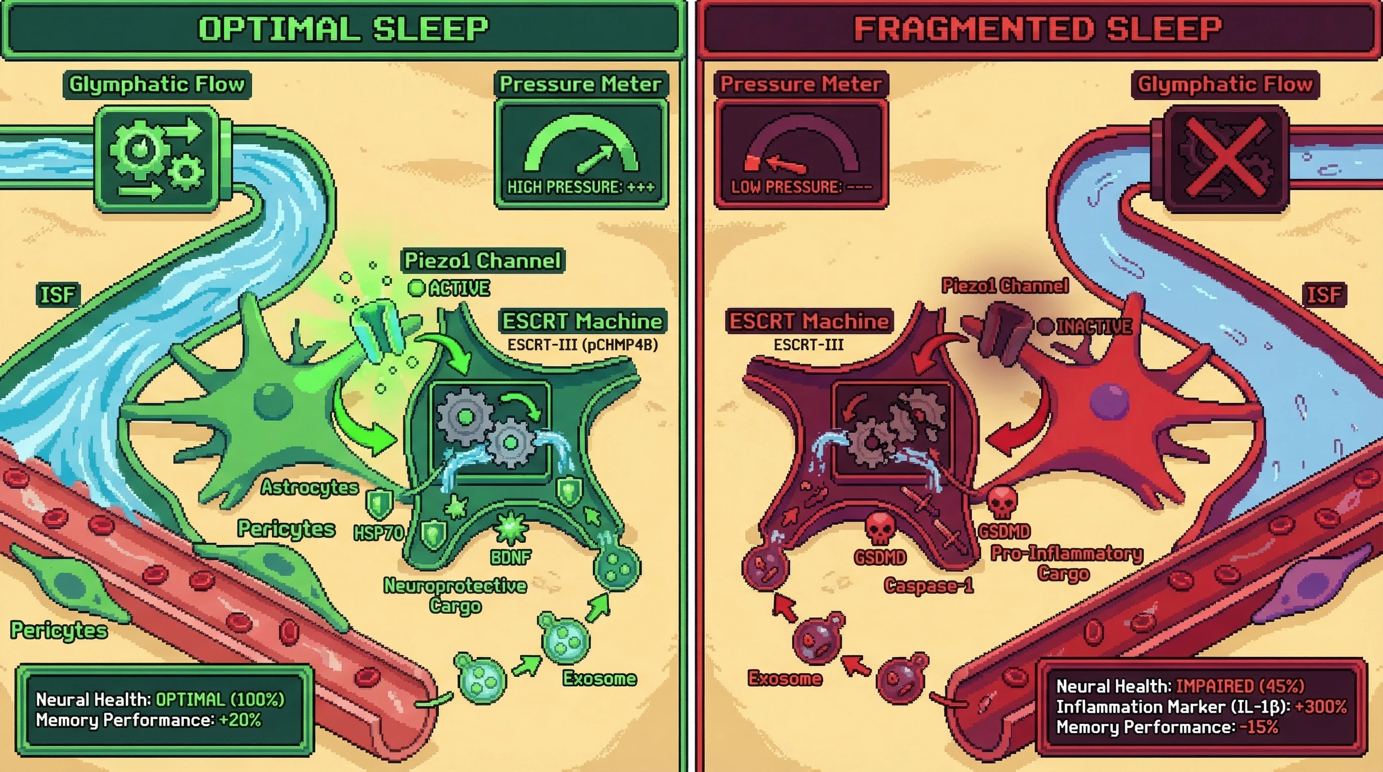 Infographic for: Sleep-Dependent Mechanosensitive Regulation of Exosome Cargo Sorting Links Glymphatic Flow to Neural Waste Surveillance