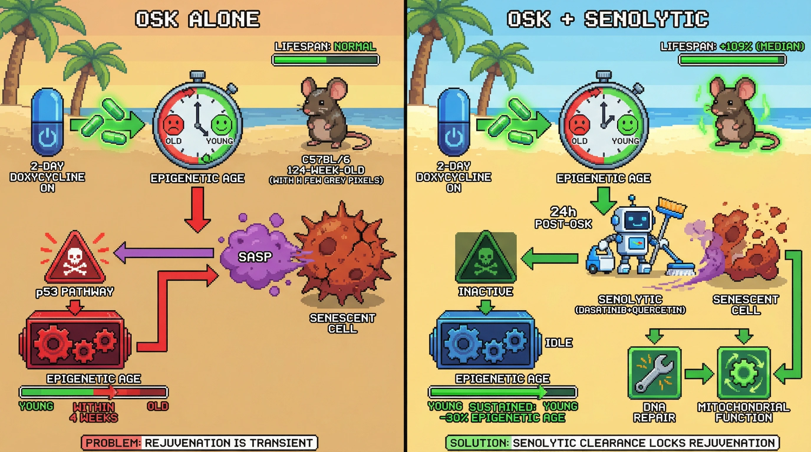 Mechanism: Cyclic OSK activation transiently rejuvenates cells, but p53 activation and senescent cells cause epigenetic age rebound. Readout: Readout: Senolytic clearance of senescent cells after OSK prevents p53-mediated rebound, leading to sustained epigenetic age reversal and extended lifespan.