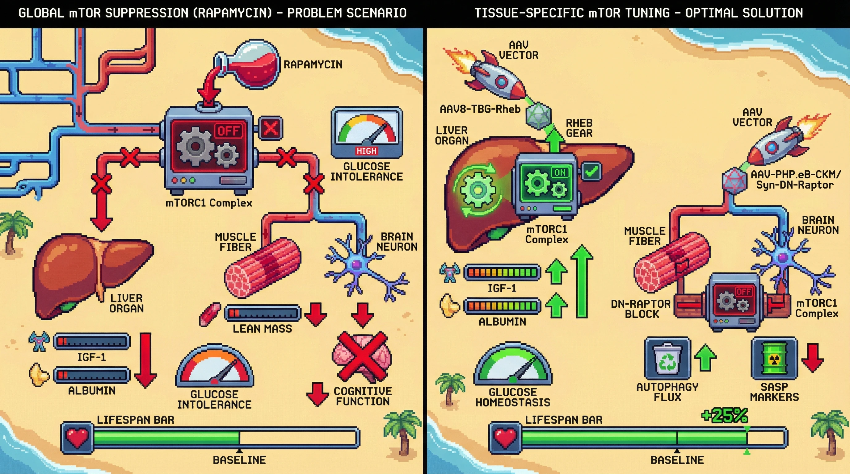 Infographic for: Tissue‑Specific mTOR Tuning via Liver‑Detargeted AAV Capsids Decouples Growth and Survival Programs for Extended Healthspan