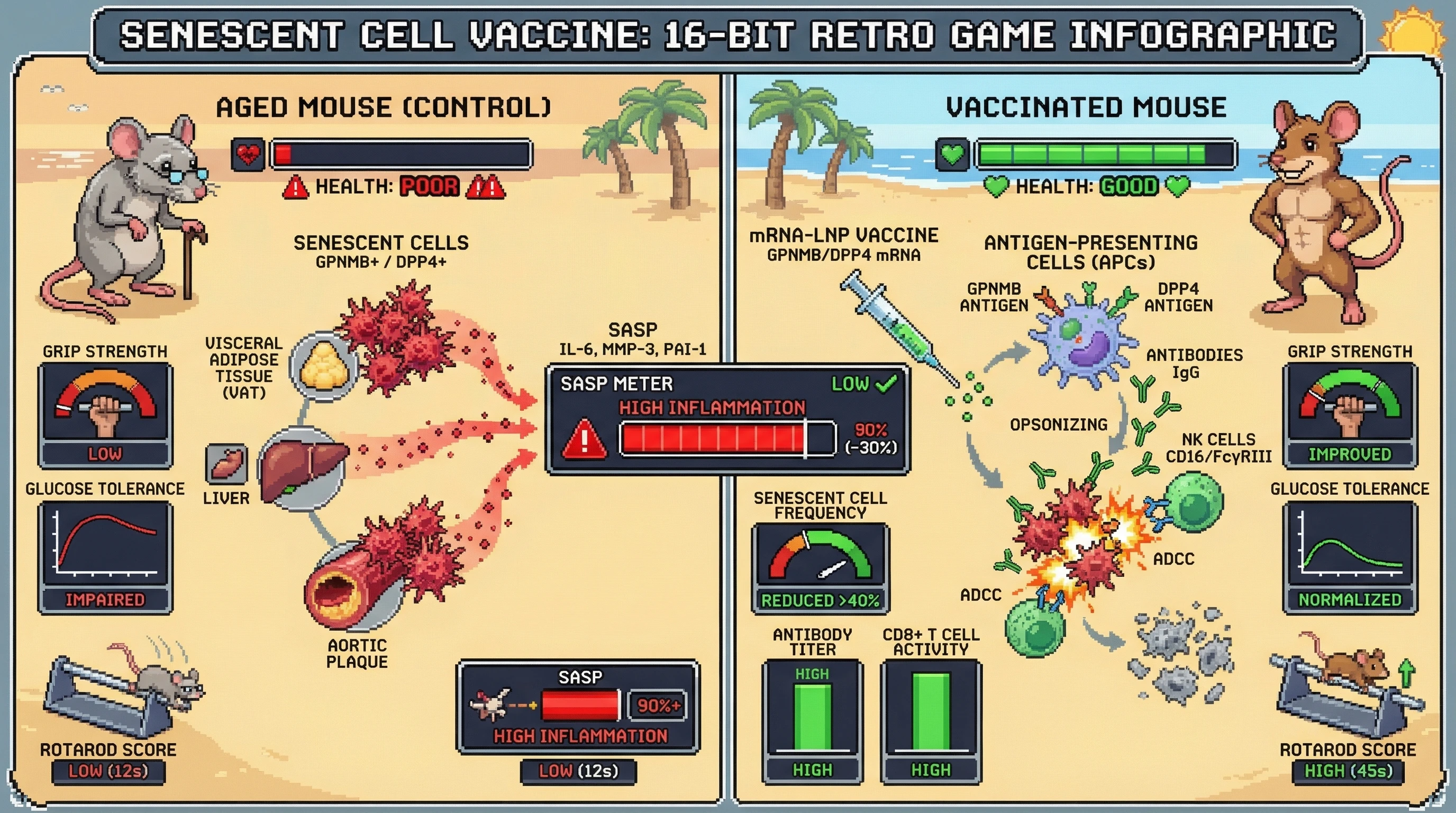 Mechanism: A bivalent mRNA-LNP vaccine targeting GPNMB and DPP4 on senescent cells induces antibodies and cytotoxic T cells, leading to senescent cell clearance via ADCC. Readout: Readout: Senescent cell frequency is reduced by 40%, SASP markers decrease by 30%, and physical performance (grip strength, glucose tolerance, rotarod) improves.