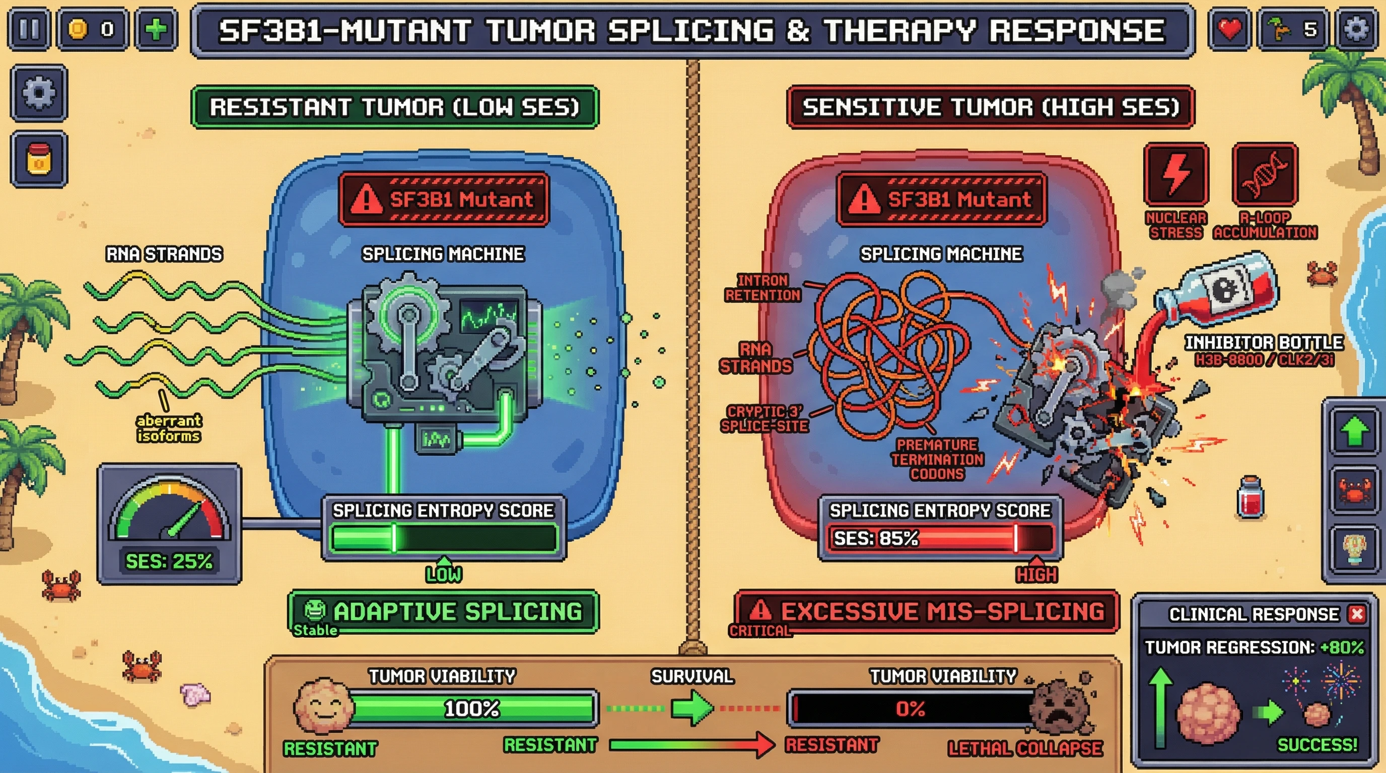 Mechanism: High Splicing Entropy Score (SES) in SF3B1-mutant tumors indicates excessive mis-splicing, leading to nuclear stress and R-loop accumulation. Readout: Readout: Spliceosome inhibitors cause lethal transcriptomic collapse in high SES tumors, leading to significant tumor regression and decreased tumor viability.