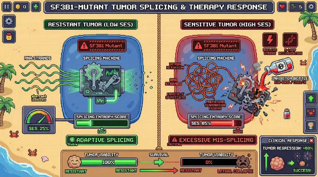 Infographic for: A quantitative splicing entropy score predicts synthetic lethality to spliceosome modulators in SF3B1-mutant tumors