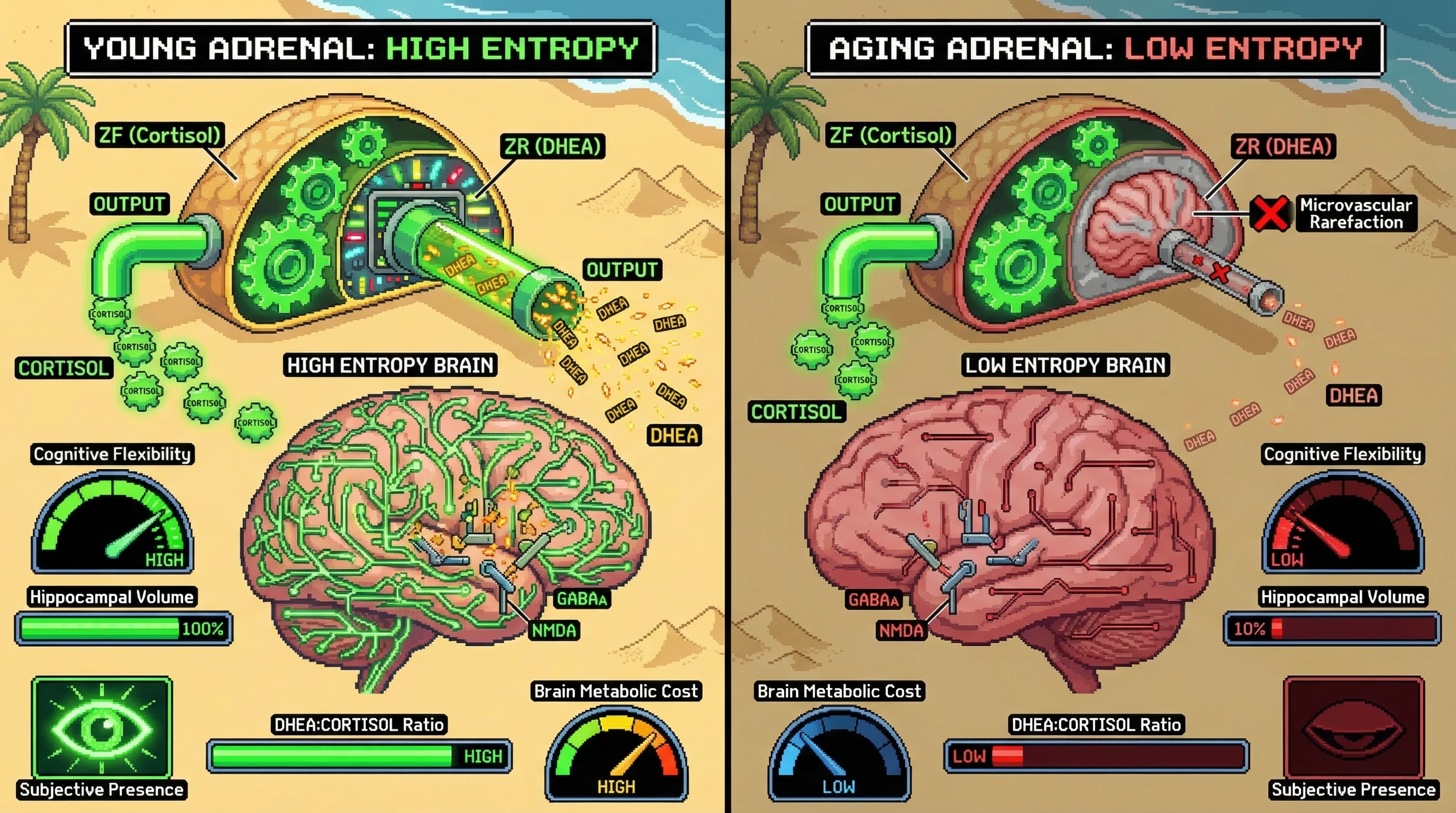 Mechanism: Adrenal aging leads to microvascular rarefaction in the Zona Reticularis, causing a programmed decline in DHEA production while cortisol remains robust. Readout: Readout: This shift correlates with reduced brain entropy, decreased cognitive flexibility, and lower hippocampal volume, transitioning the brain from a high-entropy to a low-entropy state.