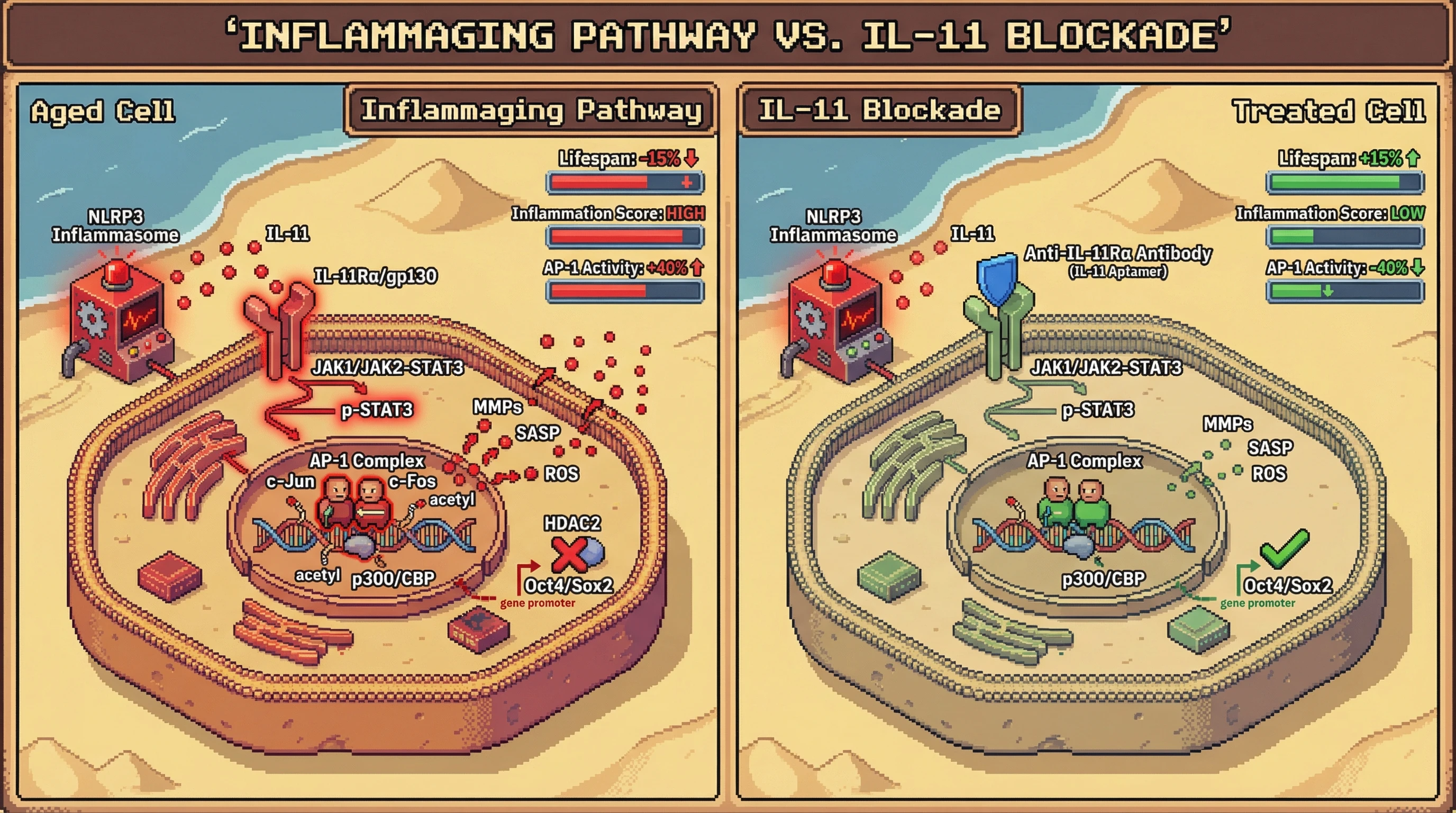 Infographic for: IL-11‑AP-1 Feed‑Forward Loop as a Unified Driver of Inflammaging and Hallmark Accumulation
