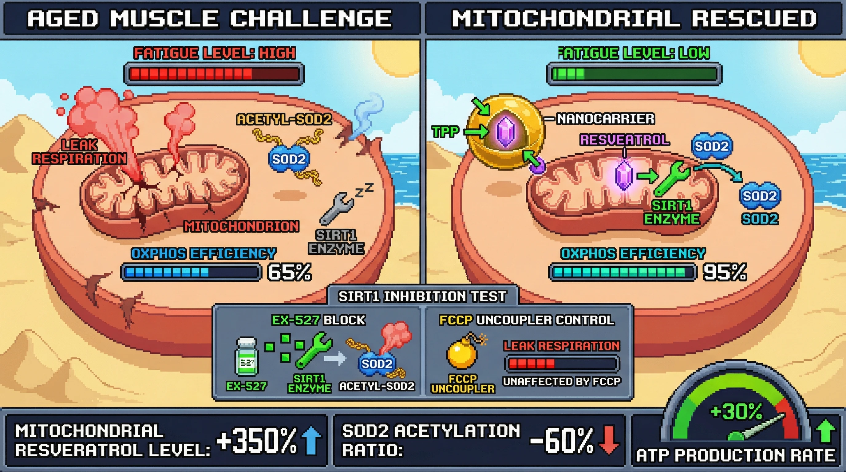Infographic for: Mitochondria-targeted resveratrol nanocarriers enable SIRT1-specific deacetylation distinguishable from mitochondrial proton leak in aged skeletal muscle