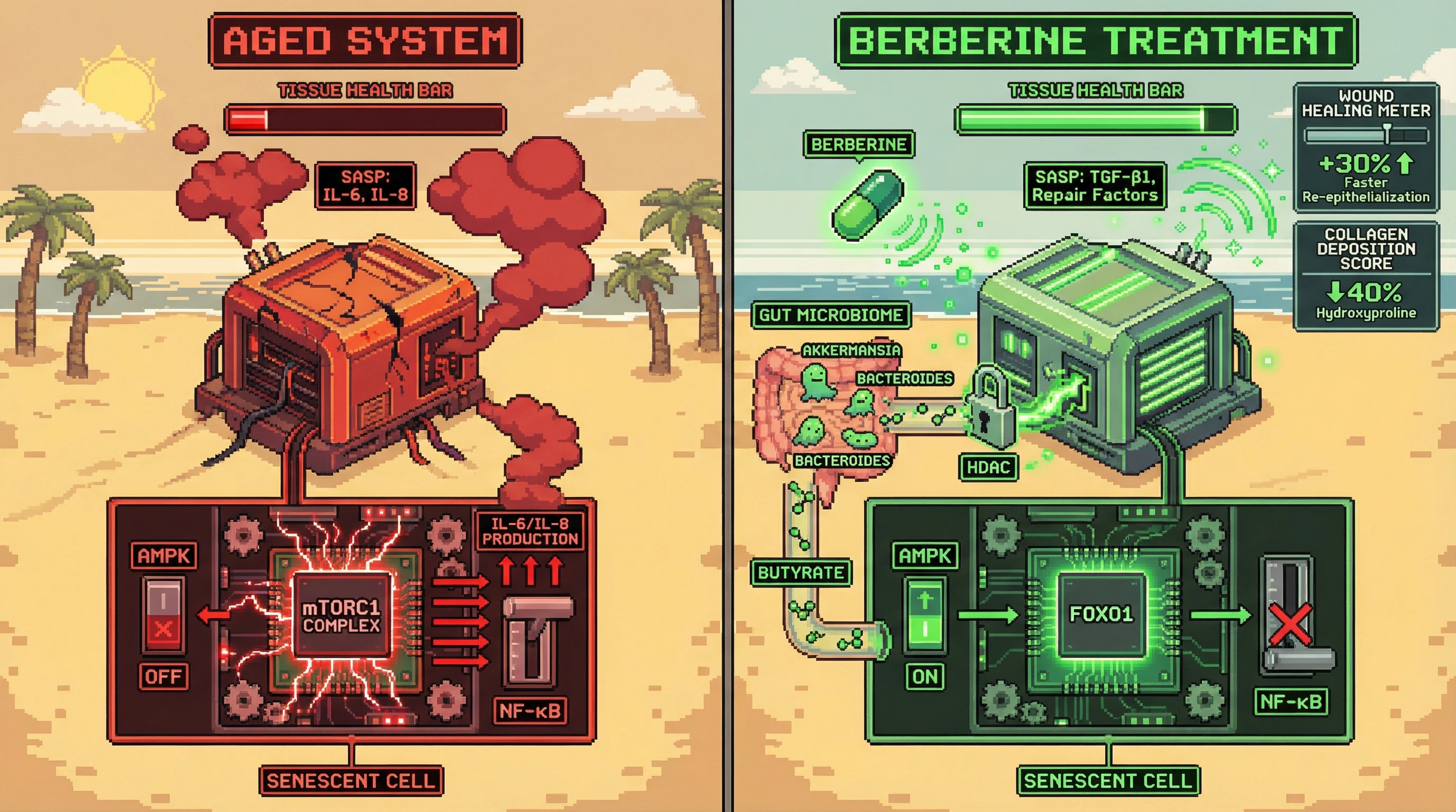 Infographic for: Berberine as a SASP Tuner: Shifting Senescent Cell Negotiation Toward Tissue-Protective Signals via AMPK/mTOR and Microbiome‑Derived Butyrate