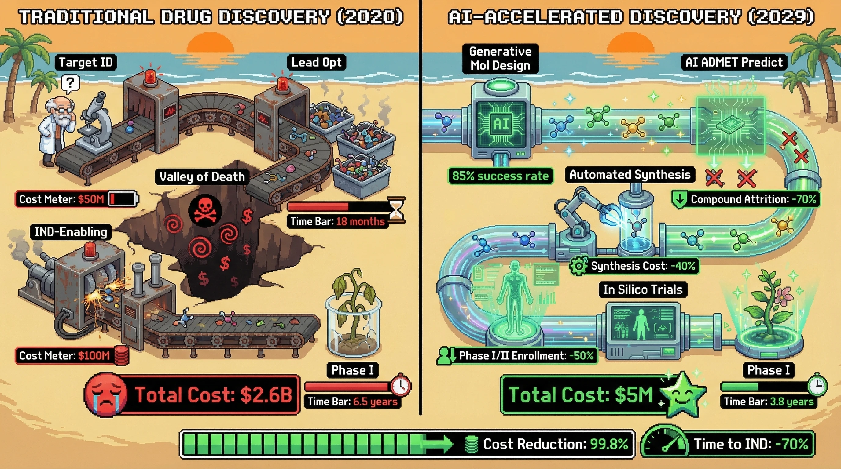 Infographic for: AI Drug Discovery Cost Reduction Hits 90% by 2029: Virtual Screening to Clinic in Under $5M