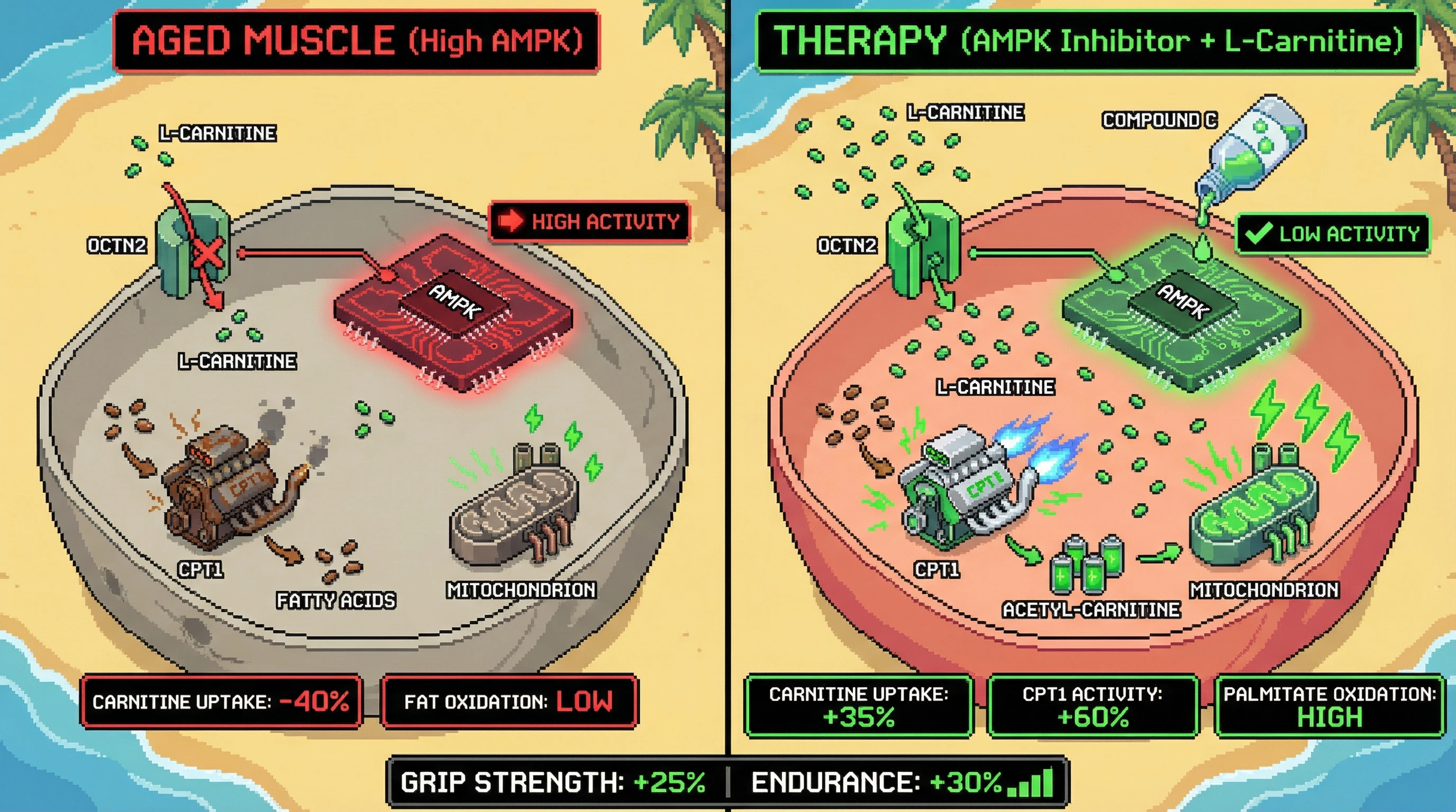 Mechanism: In aged muscle, high AMPK activity inhibits L-carnitine uptake via the OCTN2 transporter, limiting fatty acid oxidation. Readout: Readout: Combining an AMPK inhibitor with L-carnitine boosts carnitine uptake and CPT1 activity, leading to increased fat oxidation and improved muscle strength and endurance.