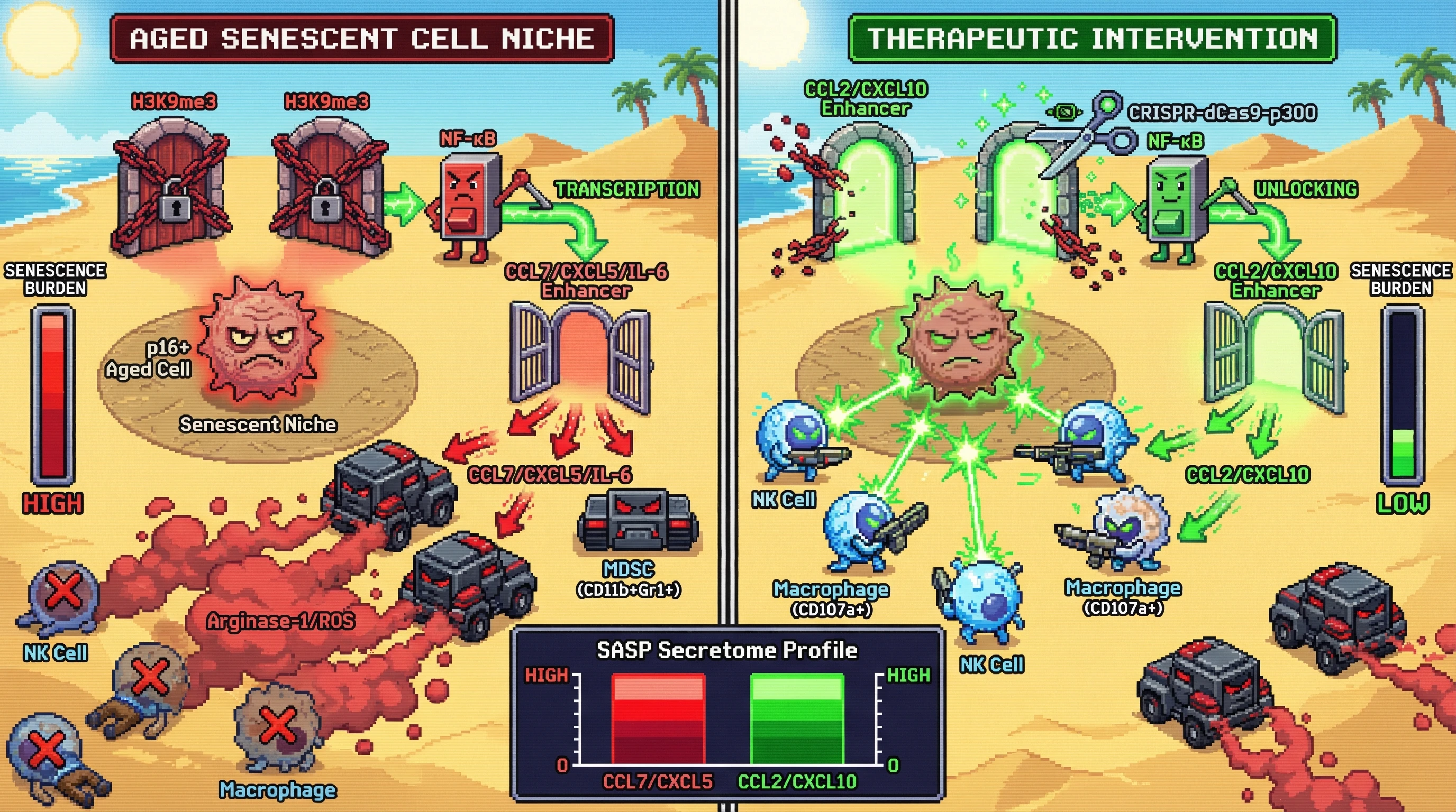 Infographic for: Pre‑existing enhancer closure redirects senescent secretome toward immunosuppressive chemokines, turning senescence into a self‑reinforcing inflammatory niche