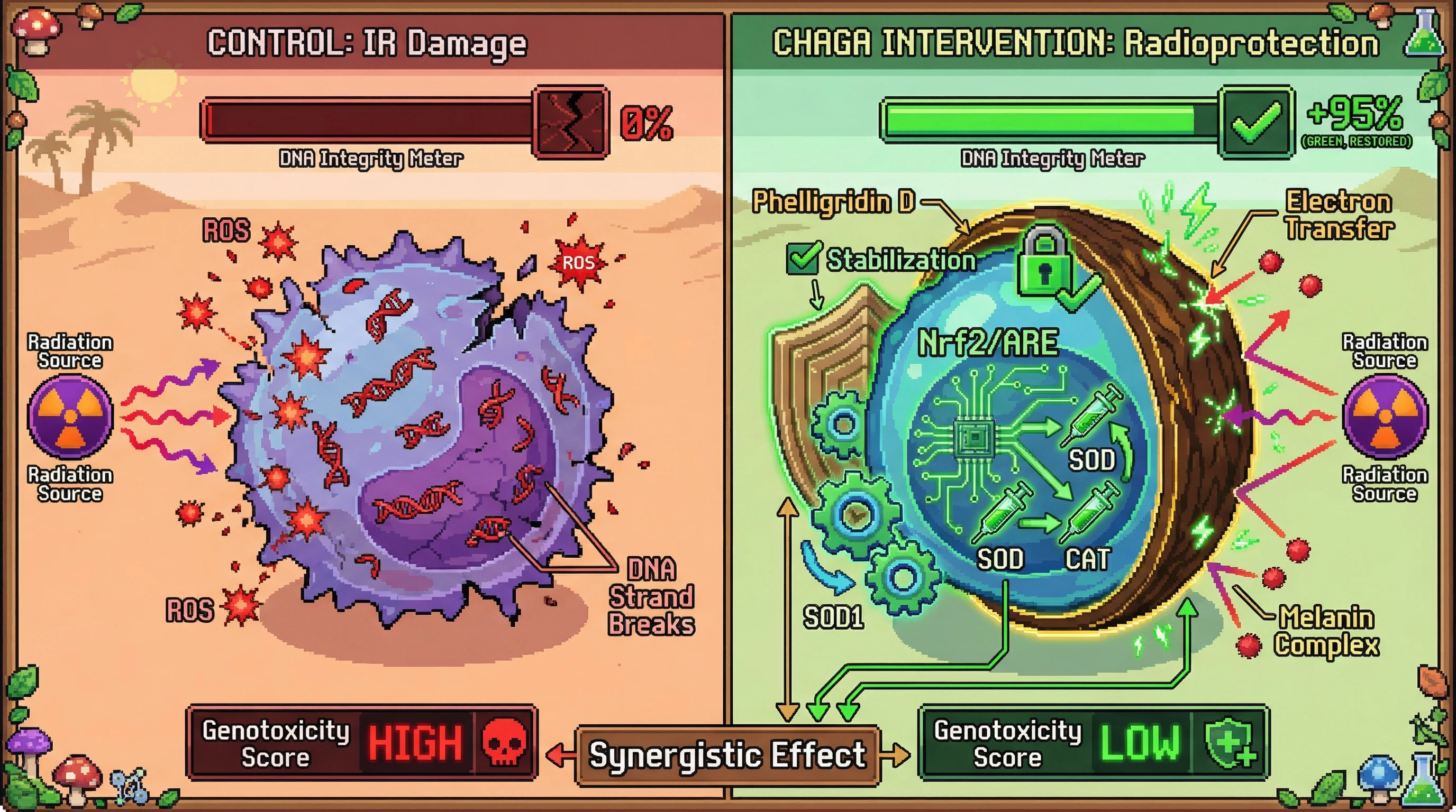 This infographic illustrates the synergistic radioprotective mechanisms of Chaga compounds, showing how Melanin complexes, Phelligridin E, and the Nrf2/ARE pathway work together to prevent DNA damage from ionizing radiation, compared to an unprotected cell.