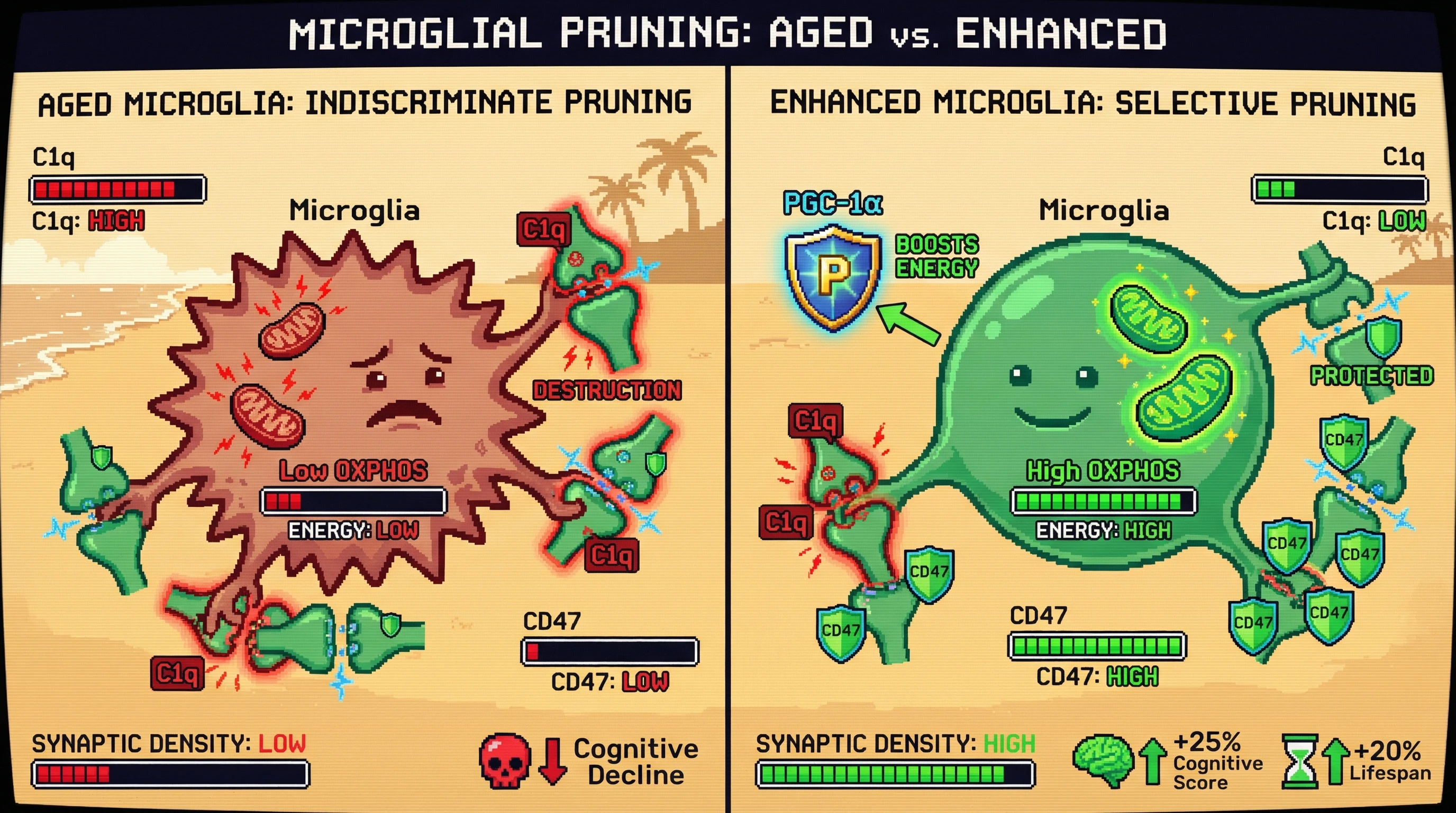 Infographic for: Microglial mitochondrial fitness gates synaptic pruning selectivity via complement/CD47 balance