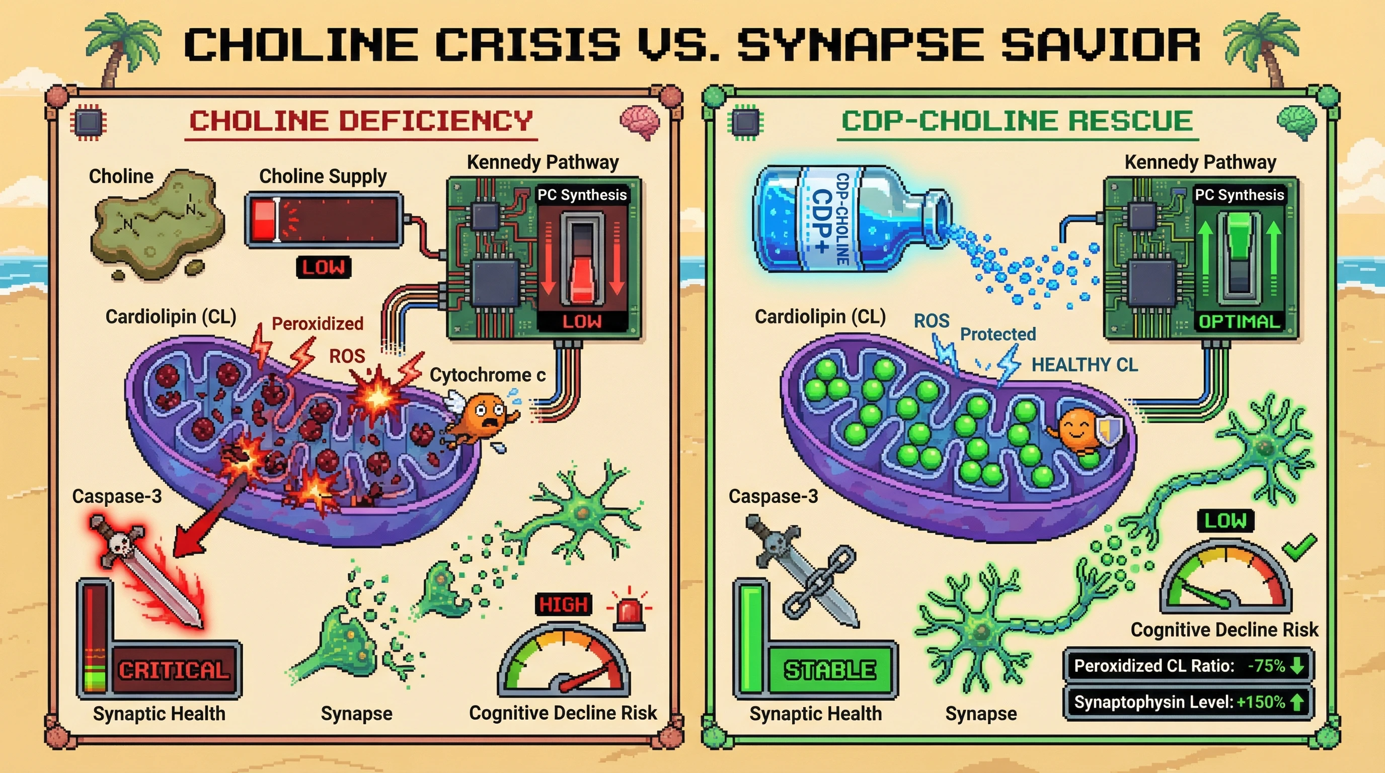 Infographic for: Mitochondrial Cardiolipin Peroxidation as the Missing Link Between Choline Deficiency and Early Synaptic Degeneration in Alzheimer's Disease