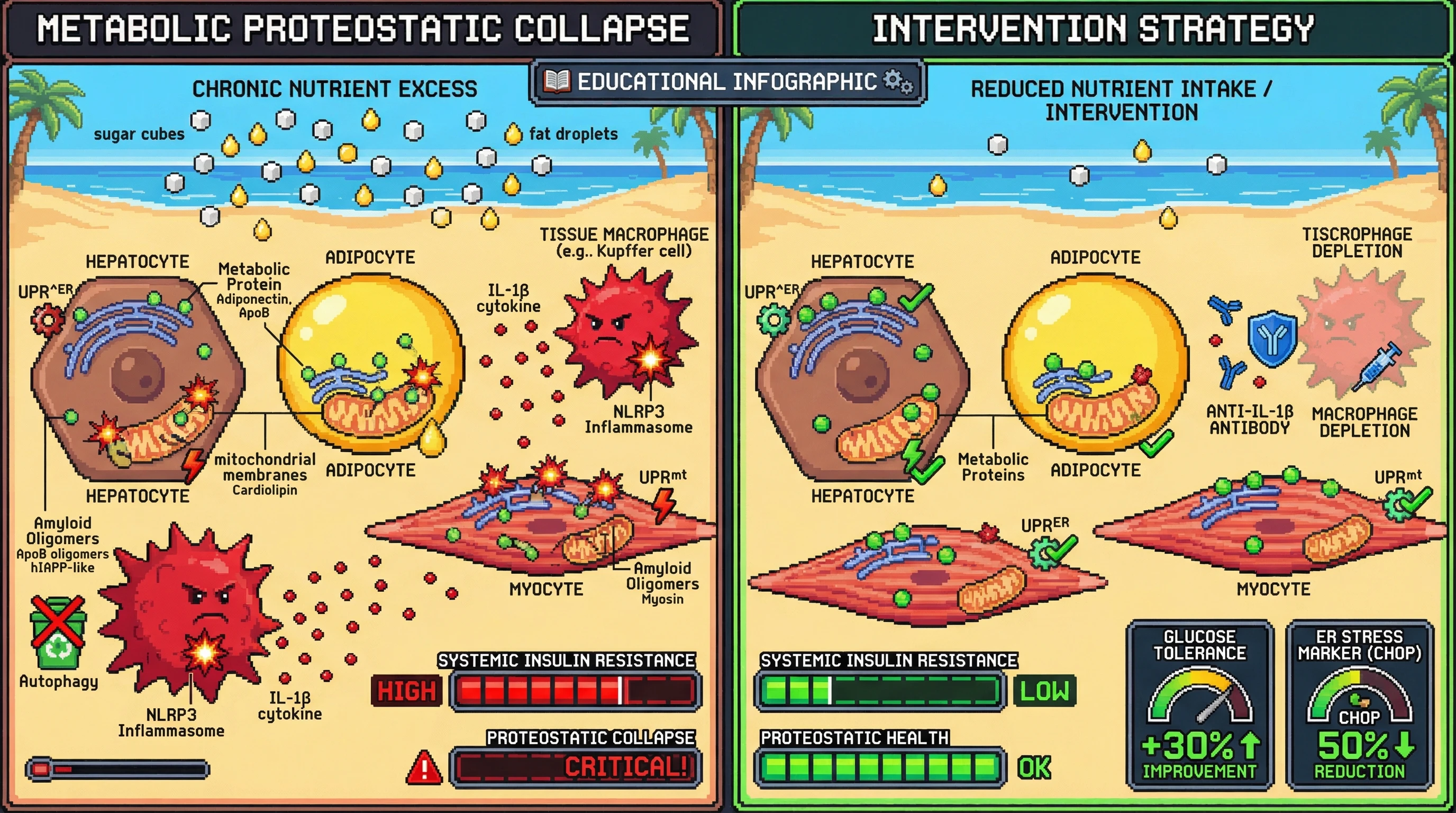Mechanism: Chronic nutrient excess drives membrane-catalyzed aggregation of metabolic proteins, leading to UPR, impaired autophagy, and macrophage inflammasome activation, causing systemic insulin resistance. Readout: Readout: Interventions like IL-1β blockade or macrophage depletion alleviate ER stress markers and improve glucose tolerance by 30%.