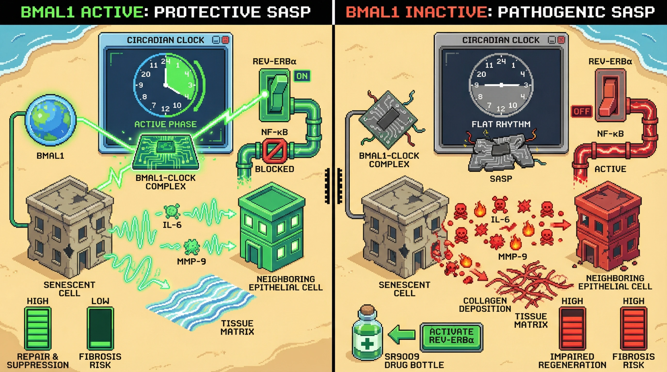 Infographic for: Circadian Gating of Senescent Cell Negotiation: BMAL1-Dependent SASP Rhythm Determines Protective vs. Pathogenic Outcomes