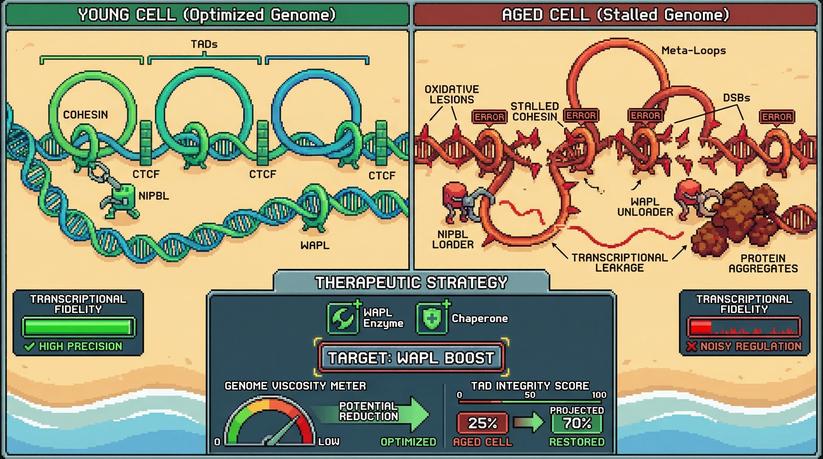 Infographic for: The 'Stochastic Sieve' Hypothesis: Age-Related Cohesin Immobilization and the Erosion of TAD Fidelity